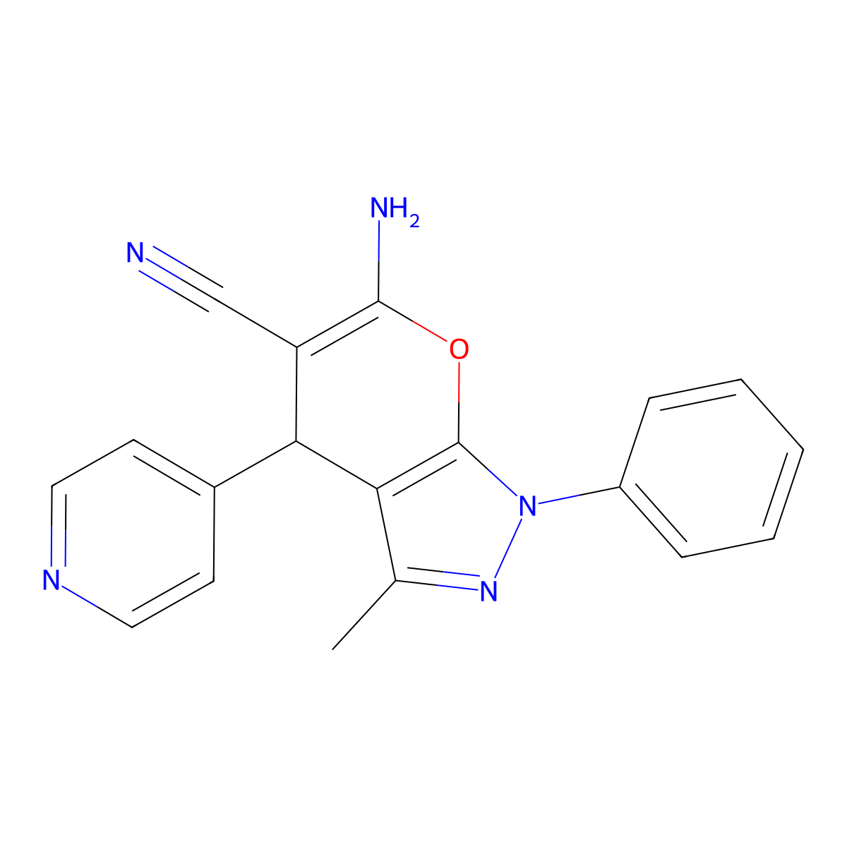 6-Amino-3-methyl-1-phenyl-4-(pyridin-4-yl)-1,4-dihydropyrano[2,3-c]pyrazole-5-carbonitrile molecular structure, CAS 106753-80-4