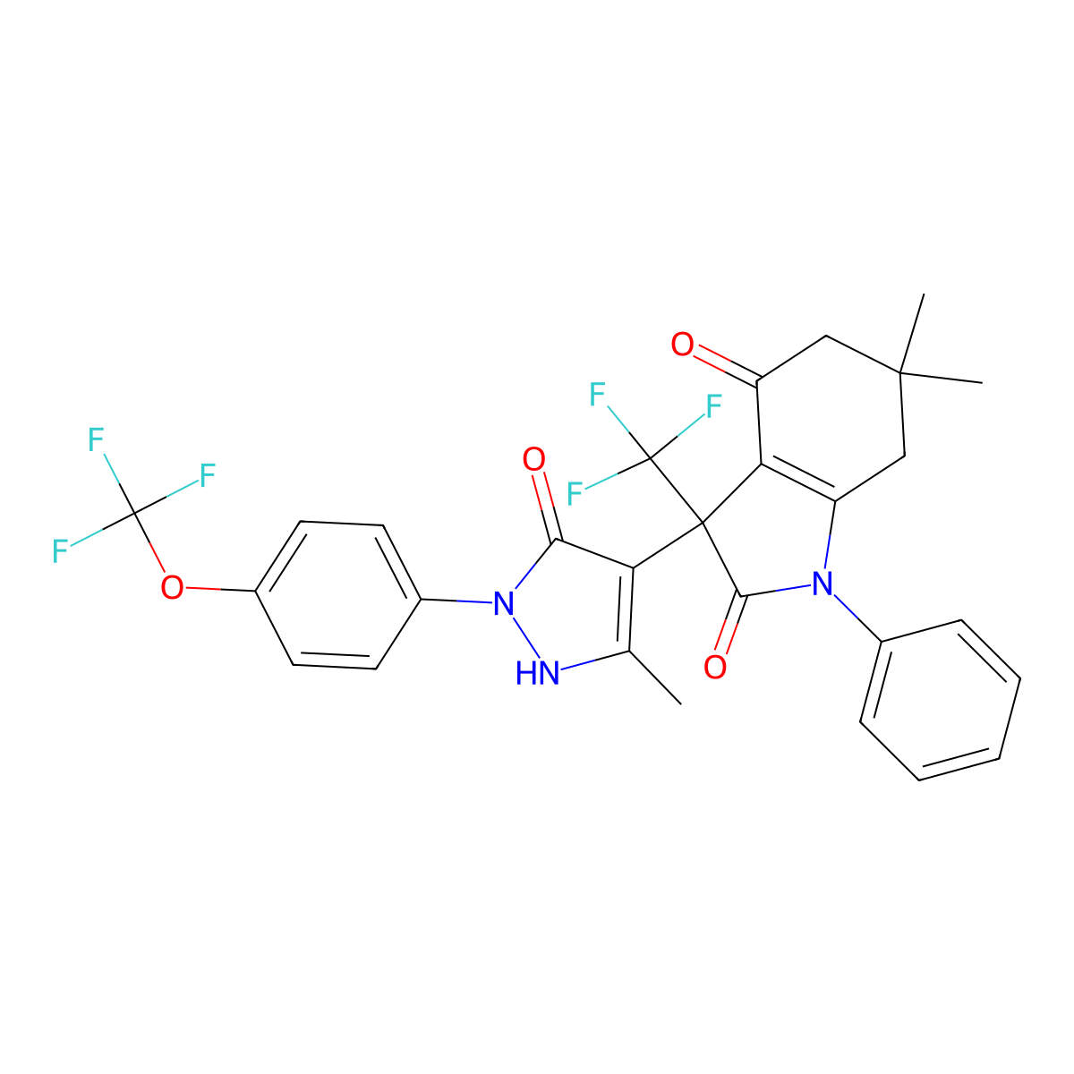6,6-dimethyl-3-(5-methyl-3-oxo-2-(4-(trifluoromethoxy)phenyl)-2,3-dihydro-1H-pyrazol-4-yl)-1-phenyl-3-(trifluoromethyl)-3,5,6,7-tetrahydro-1H-indole-2,4-dione molecular structure, CAS 1067647-43-1