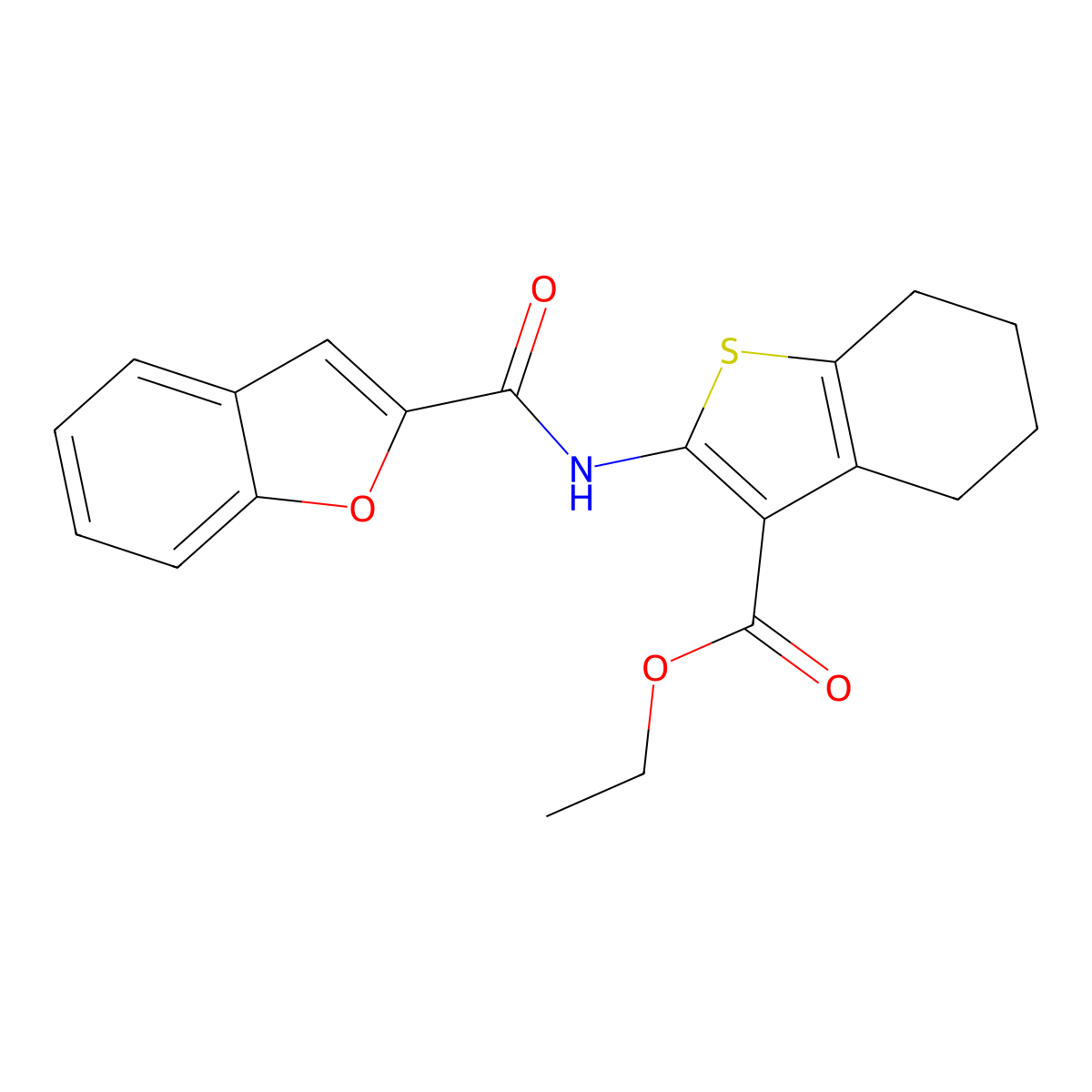 Ethyl 2-[(1-benzofuran-2-ylcarbonyl)amino]-4,5,6,7-tetrahydro-1-benzothiophene-3-carboxylate molecular structure, CAS 106807-65-2