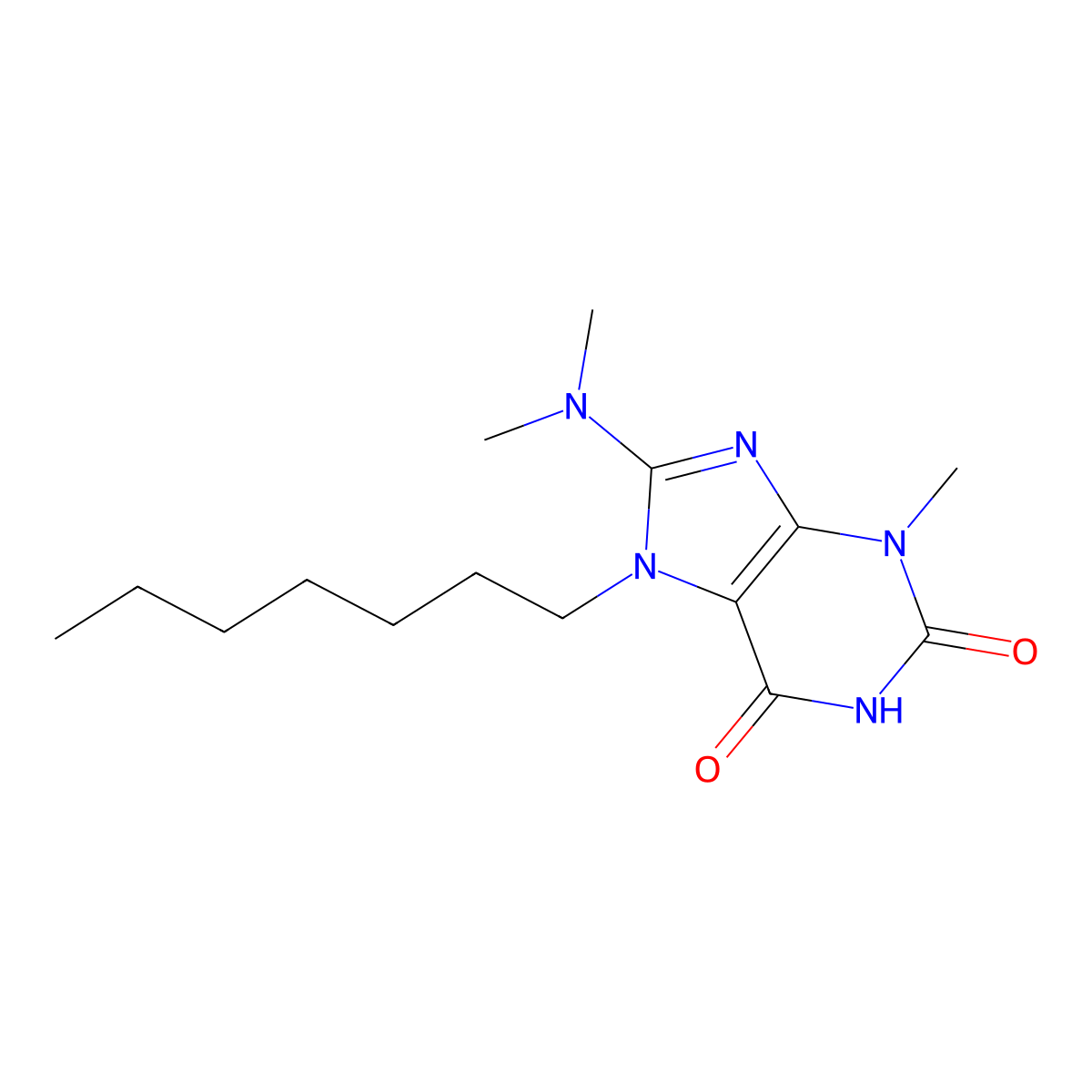 8-(dimethylamino)-7-heptyl-3-methyl-3,7-dihydro-1H-purine-2,6-dione molecular structure, CAS 106939-16-6