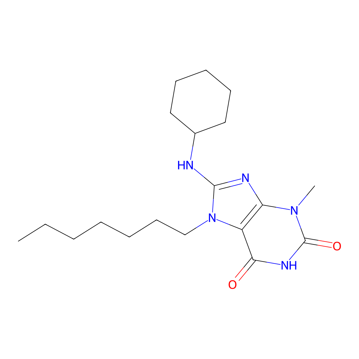 8-(cyclohexylamino)-7-heptyl-3-methyl-1H-purine-2,6(3H,7H)-dione molecular structure, CAS 106939-19-9