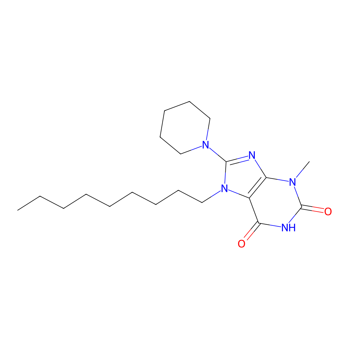 1H-Purine-2,6-dione, 3,7-dihydro-3-methyl-7-nonyl-8-(1-piperidinyl)- molecular structure, CAS 106939-22-4