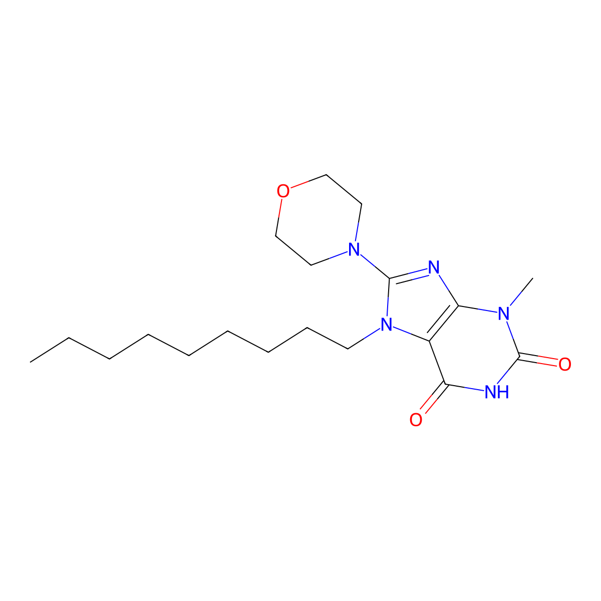 1H-Purine-2,6-dione, 3,7-dihydro-3-methyl-8-(4-morpholinyl)-7-nonyl- molecular structure, CAS 106939-23-5