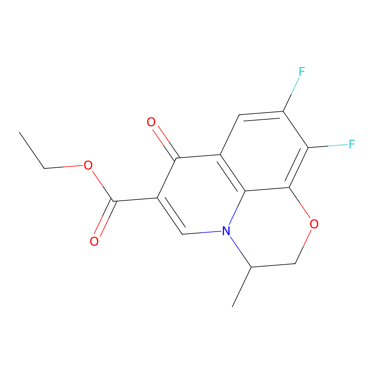 Ethyl (3S)-9,10-difluoro-2,3-dihydro-3-methyl-7-oxo-7H-pyrido(1,2,3-de)-1,4-benzoxazine-6-carboxylate molecular structure, CAS 106939-34-8