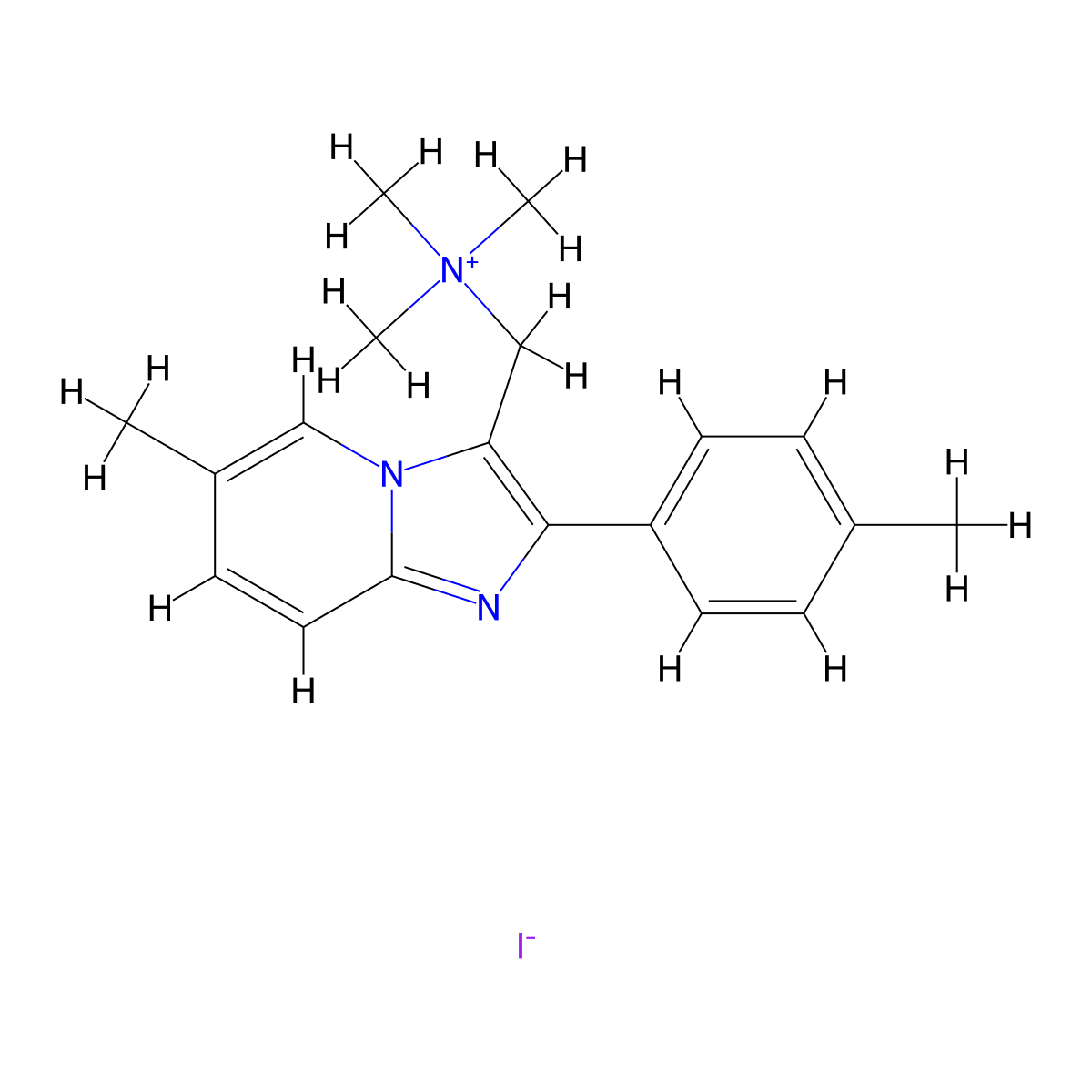 N,N,N-Trimethyl-1-(6-methyl-2-(p-tolyl)imidazo[1,2-a]pyridin-3-yl)methanaminium iodide molecular structure, CAS 106961-34-6