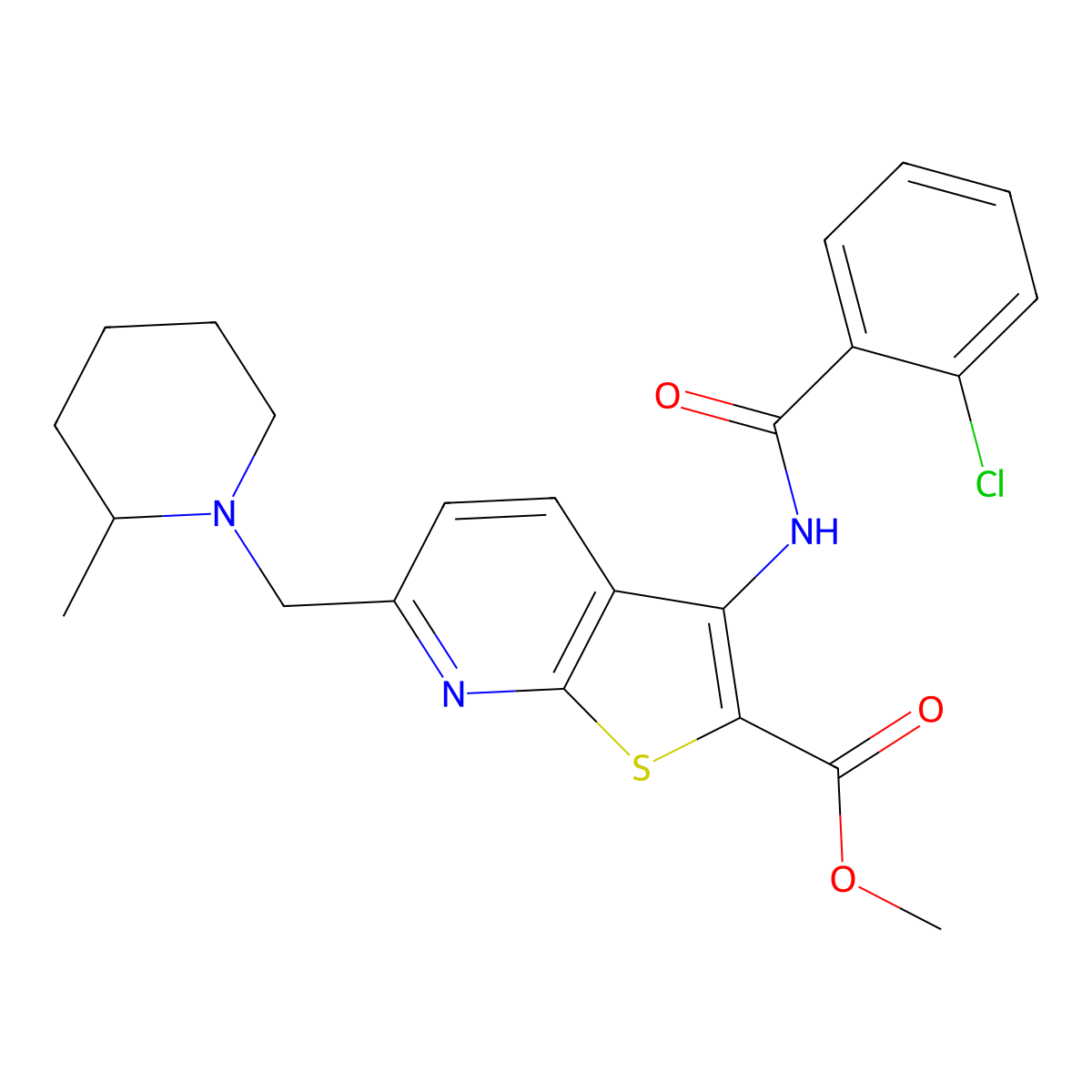 Methyl 3-(2-chlorobenzamido)-6-((2-methylpiperidin-1-yl)methyl)thieno[2,3-b]pyridine-2-carboxylate molecular structure, CAS 1069723-25-6