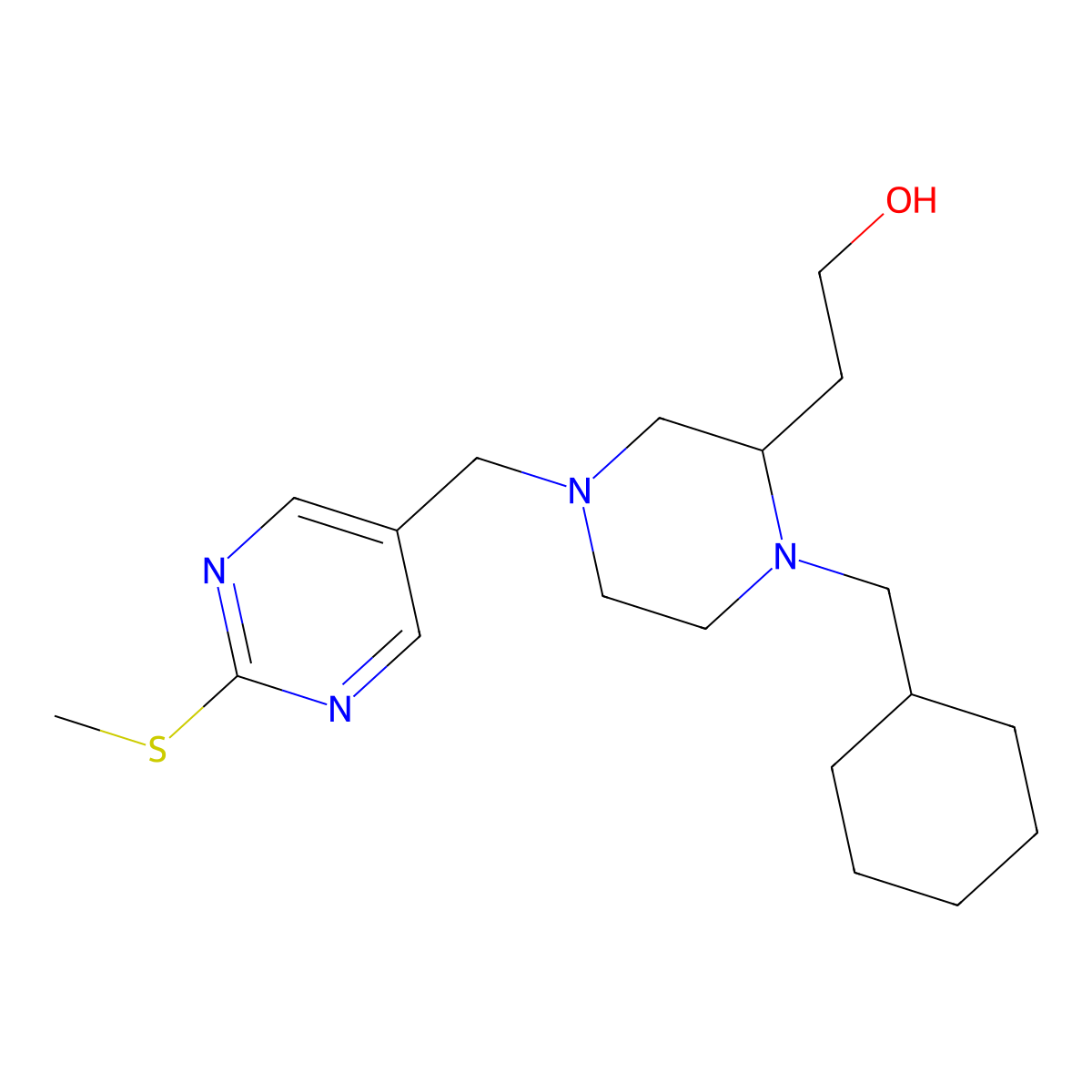 2-(1-(Cyclohexylmethyl)-4-{[2-(methylsulfanyl)-5-pyrimidinyl]methyl}-2-piperazinyl)-1-ethanol molecular structure, CAS 1069792-17-1