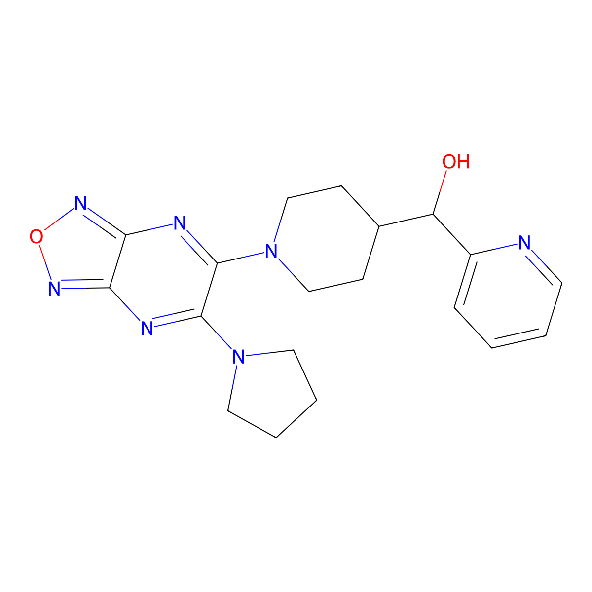 Pyridin-2-yl(1-(6-(pyrrolidin-1-yl)-[1,2,5]oxadiazolo[3,4-b]pyrazin-5-yl)piperidin-4-yl)methanol molecular structure, CAS 1070461-20-9