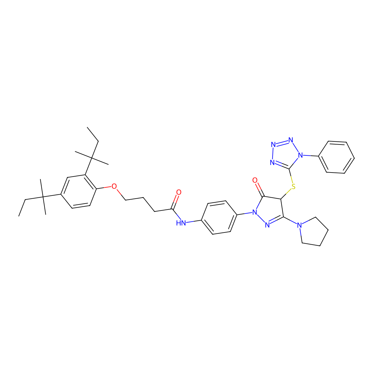 4-[2,4-bis(2-methylbutan-2-yl)phenoxy]-N-[4-[5-oxo-4-(1-phenyltetrazol-5-yl)sulfanyl-3-pyrrolidin-1-yl-4H-pyrazol-1-yl]phenyl]butanamide molecular structure, CAS 107047-27-8