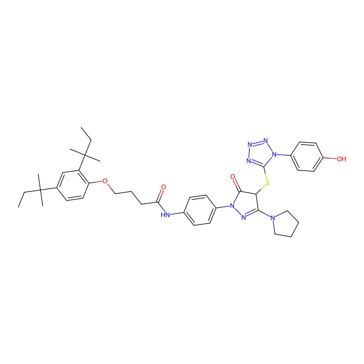 4-[2,4-Bis(1,1-dimethylpropyl)phenoxy]-N-[4-[4,5-dihydro-4-[[1-(4-hydroxyphenyl)-1H-tetrazol-5-yl]thio]-5-oxo-3-(1-pyrrolidinyl)-1H-pyrazol-1-yl]phenyl]butanamide molecular structure, CAS 107047-28-9