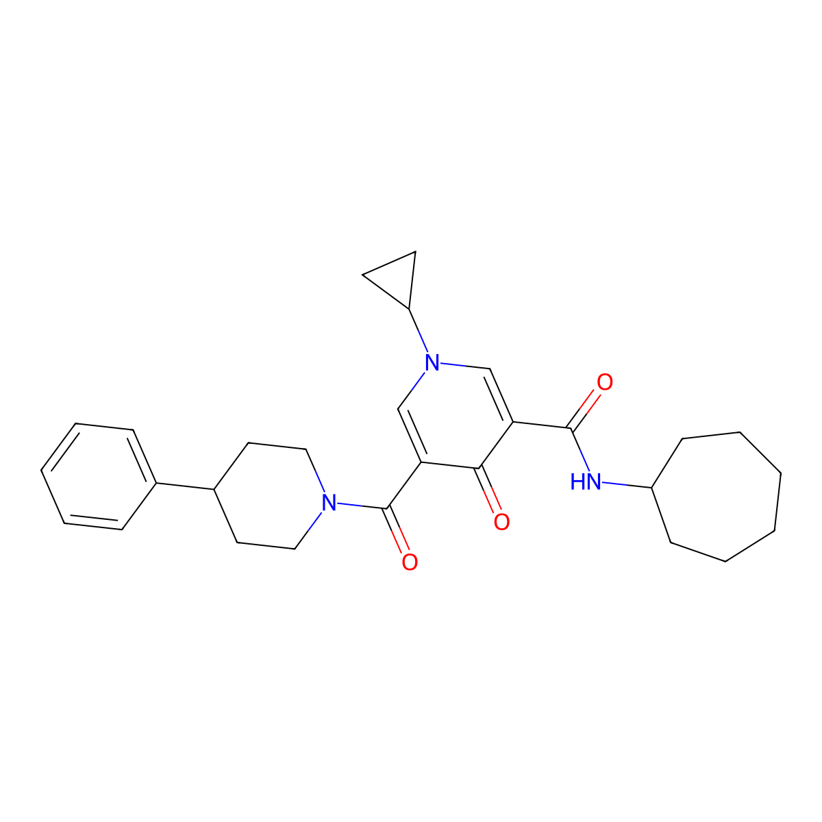 N-cycloheptyl-1-cyclopropyl-4-oxo-5-[(4-phenyl-1-piperidinyl)carbonyl]-1,4-dihydro-3-pyridinecarboxamide molecular structure, CAS 1070702-46-3