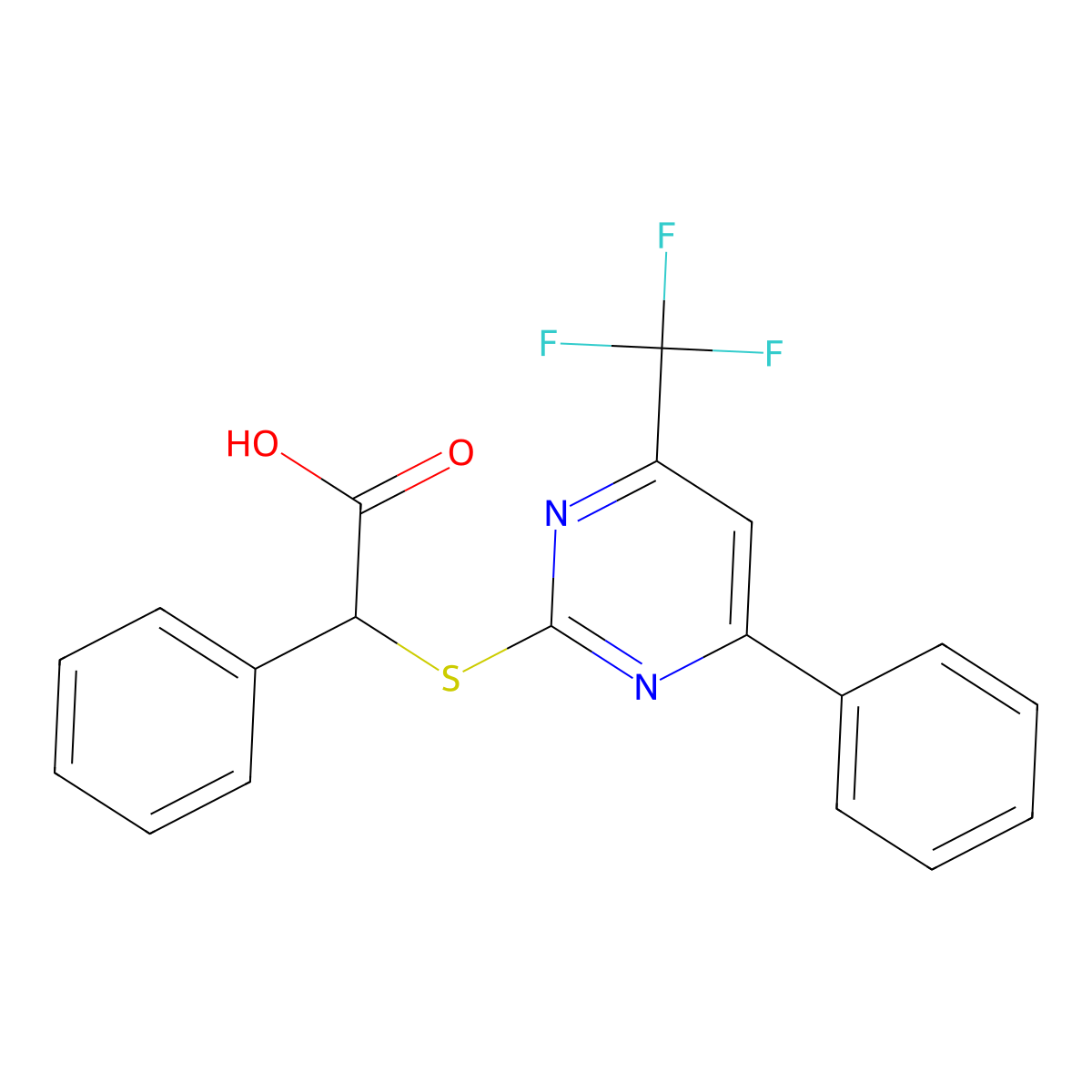 Benzeneacetic acid, alpha-((4-phenyl-6-(trifluoromethyl)-2-pyrimidinyl)thio)- molecular structure, CAS 107072-32-2
