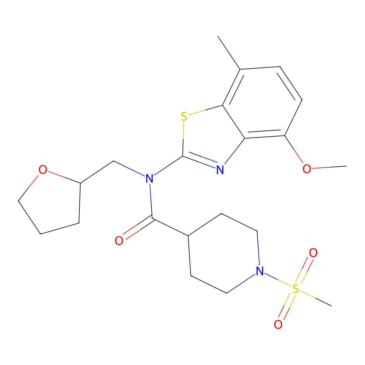 N-(4-methoxy-7-methylbenzo[d]thiazol-2-yl)-1-(methylsulfonyl)-N-((tetrahydrofuran-2-yl)methyl)piperidine-4-carboxamide molecular structure, CAS 1070959-08-8
