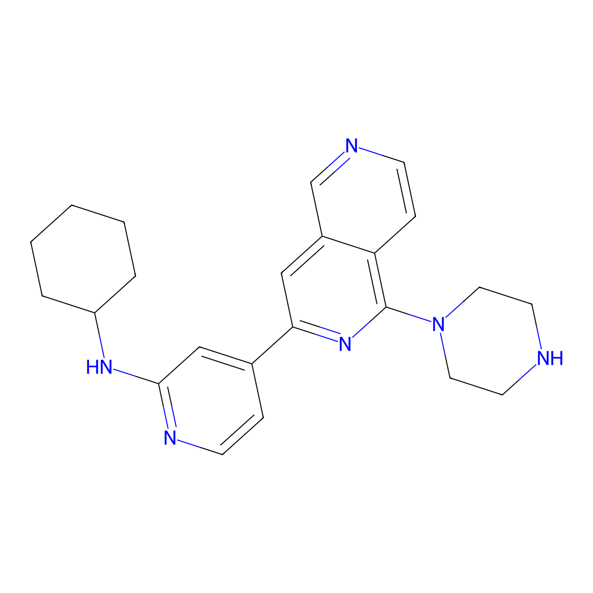 Cyclohexyl-(4-(1-piperazin-1-yl(2,6)naphthyridin-3-yl)pyridin-2-yl)amine molecular structure, CAS 1071135-06-2