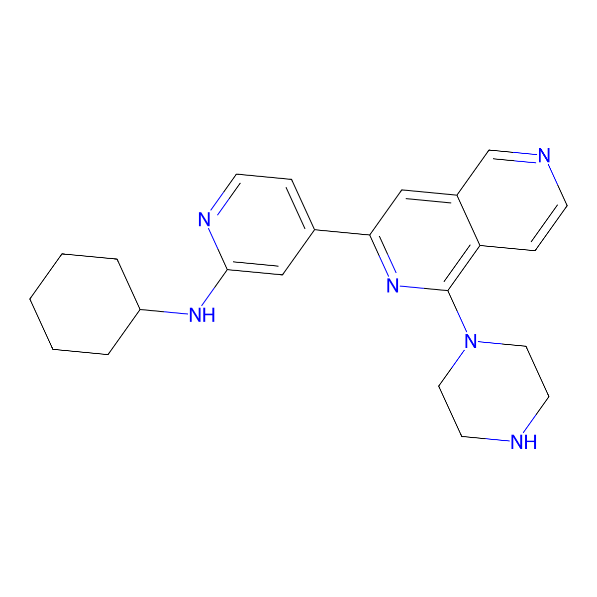 Cyclohexyl-(4-(1-piperazin-1-yl(2,6)naphthyridin-3-yl)pyridin-2-yl)amine molecular structure, CAS 1071135-06-2