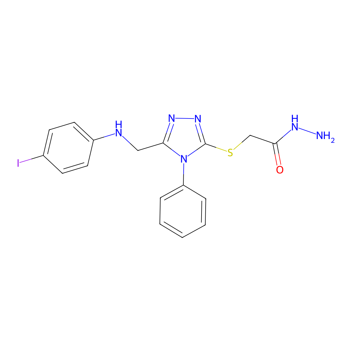2-[(5-{[(4-iodophenyl)amino]methyl}-4-phenyl-4H-1,2,4-triazol-3-yl)thio]acetohydrazide molecular structure, CAS 1071351-15-9