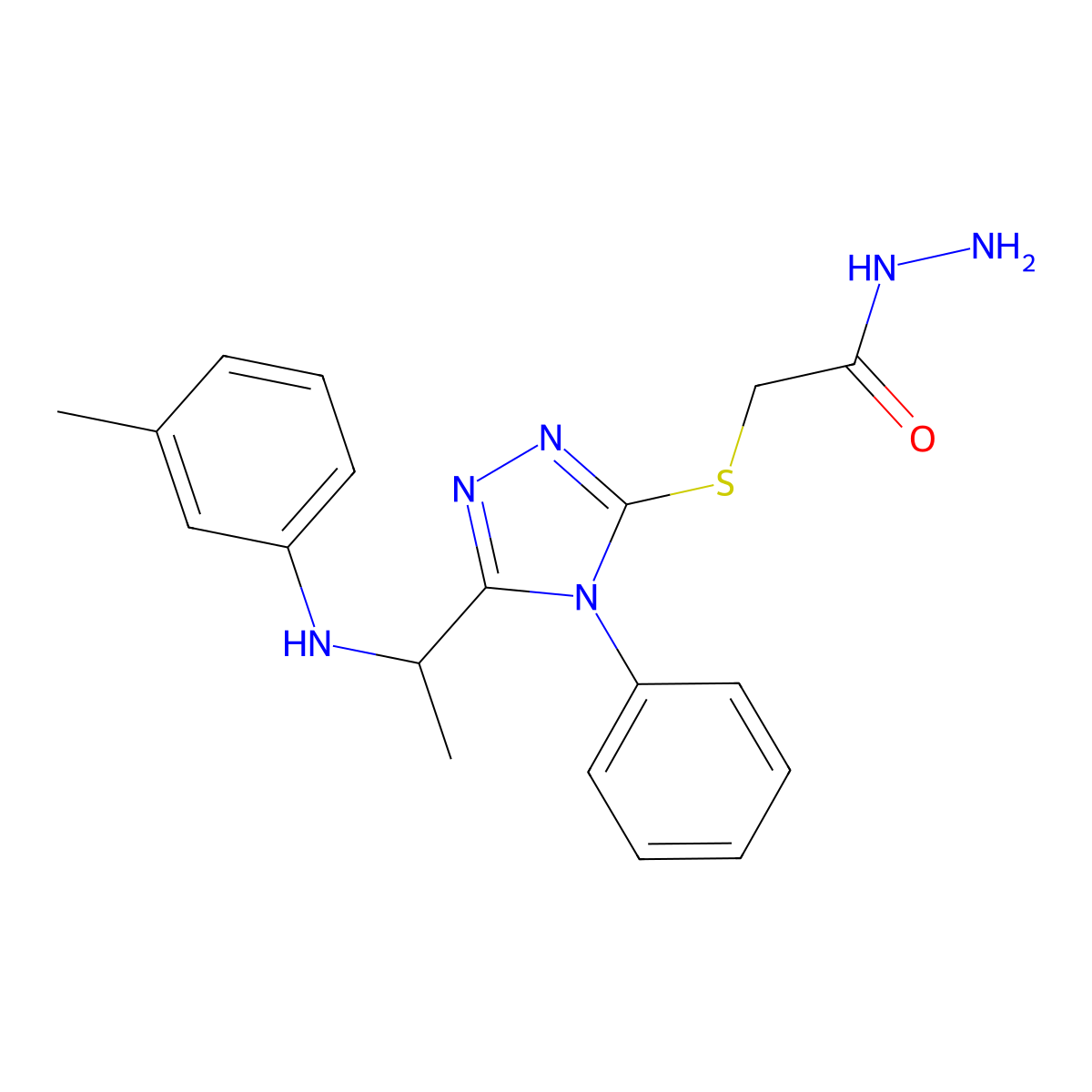 2-[(5-{1-[(3-methylphenyl)amino]ethyl}-4-phenyl-4H-1,2,4-triazol-3-yl)thio]acetohydrazide molecular structure, CAS 1071368-77-8