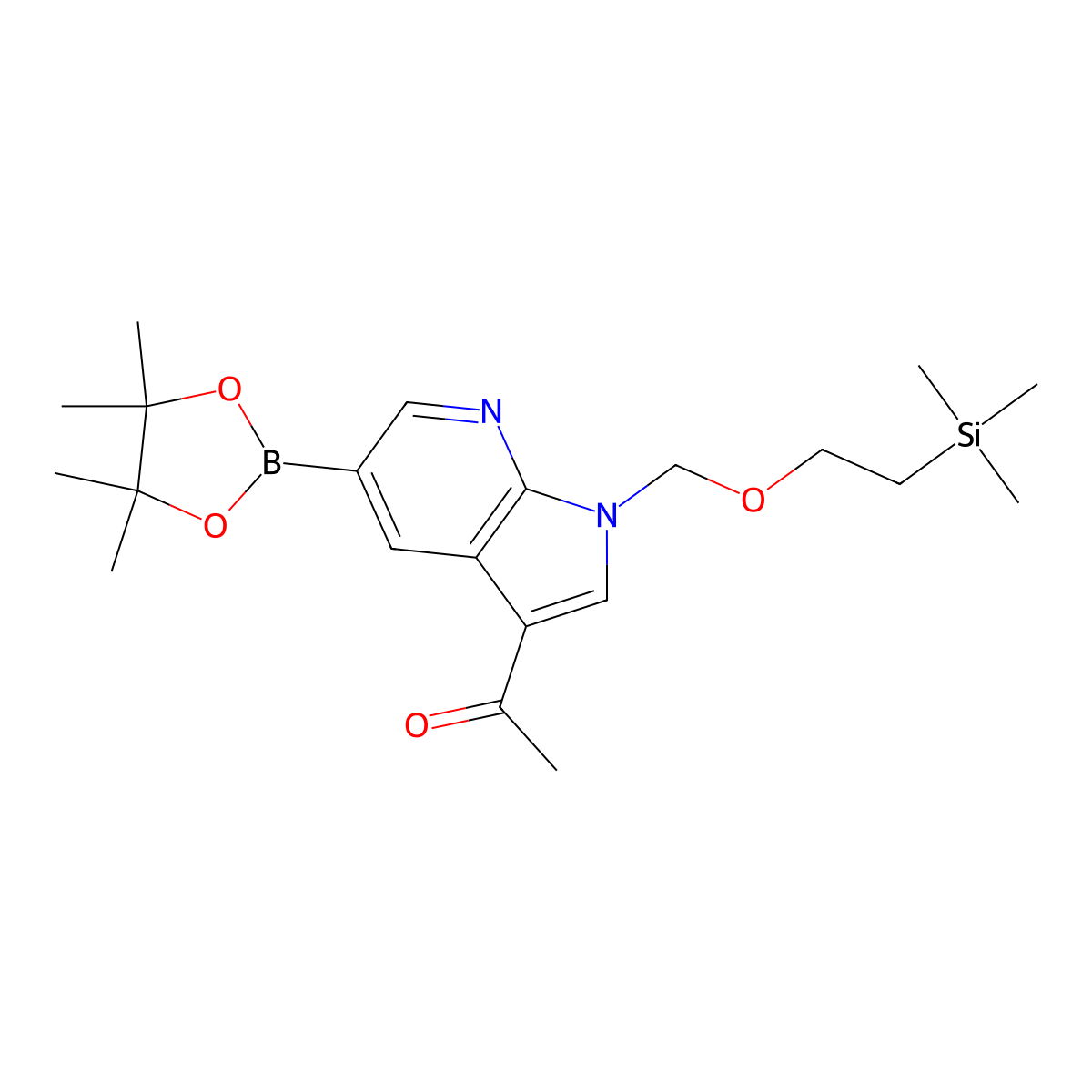 1-(5-(4,4,5,5-tetramethyl-1,3,2-dioxaborolan-2-yl)-1-((2-(trimethylsilyl)ethoxy)methyl)-1H-pyrrolo[2,3-b]pyridin-3-yl)ethanone molecular structure, CAS 1071454-96-0