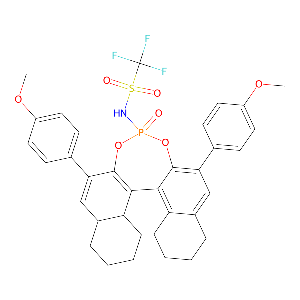 (R)-N-(2,6-Bis(4-methoxyphenyl)-4-oxido-7a,8,9,10,11,11a,12,13,14,15-decahydrodinaphtho[2,1-d:1',2'-f][1,3,2]dioxaphosphepin-4-yl)-1,1,1-trifluoromethanesulfonamide molecular structure, CAS 1071853-99-0