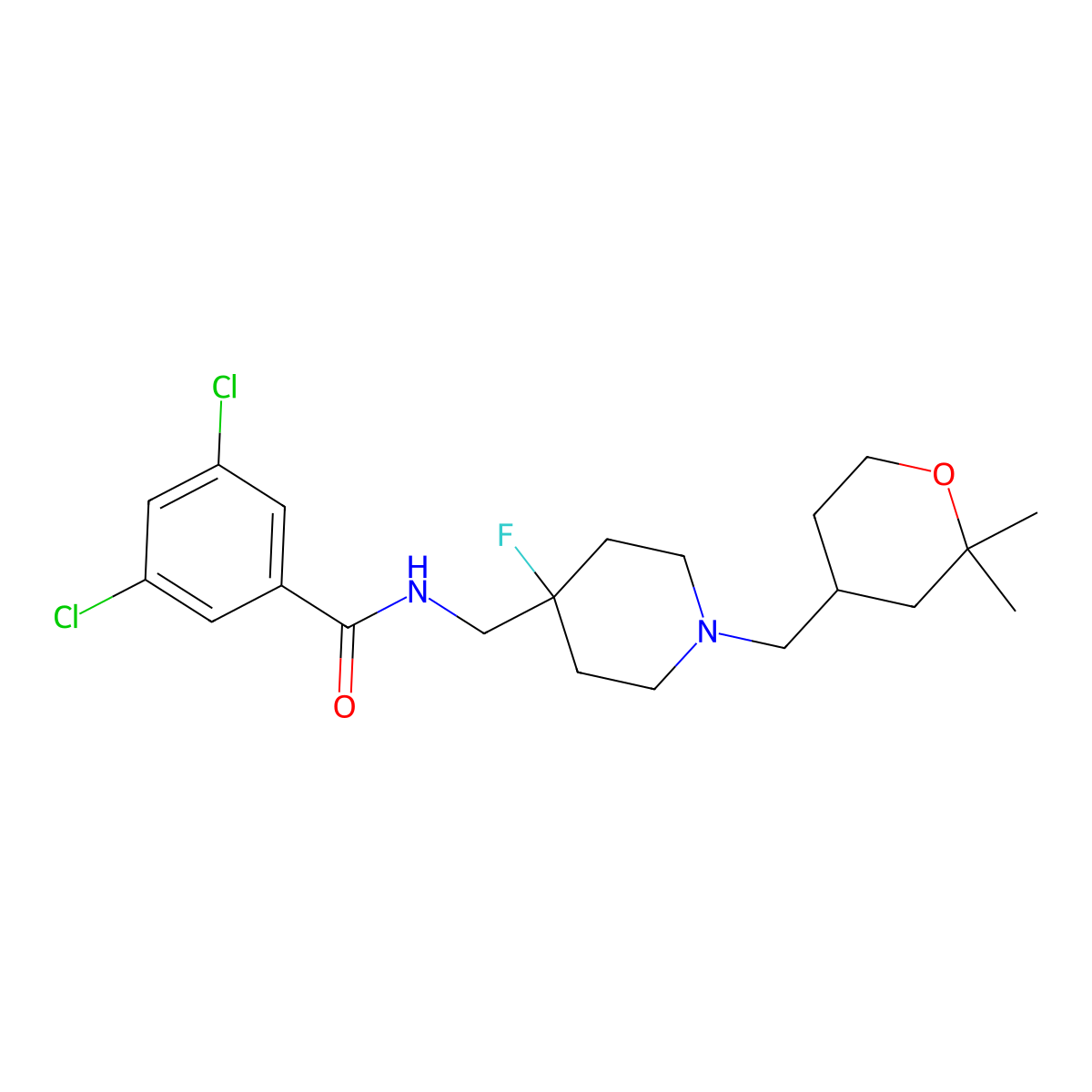 (S)-3,5-Dichloro-N-((1-((2,2-dimethyltetrahydro-2H-pyran-4-yl)methyl)-4-fluoropiperidin-4-yl)methyl)benzamide molecular structure, CAS 1072018-68-8