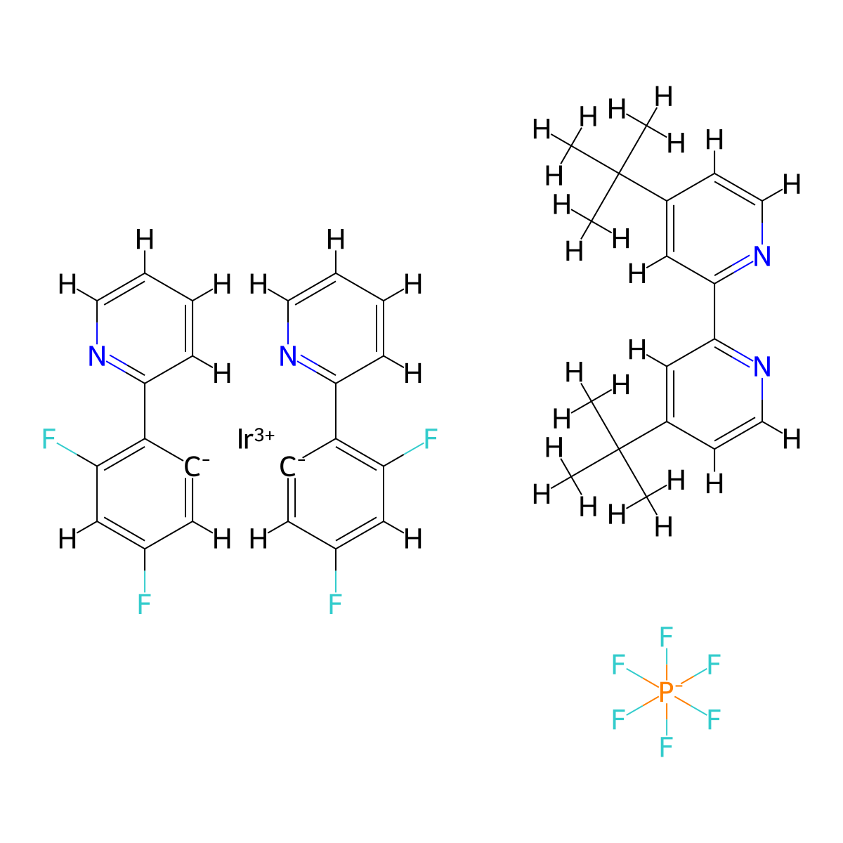 [2,2'-Bis(4-tert-butylpyridine)]bis[2-(2,4-difluorophenyl)pyridine]iridium(III) hexafluorophosphate , [Ir(dFppy)2(dtbbpy)]PF6 molecular structure, CAS 1072067-44-7