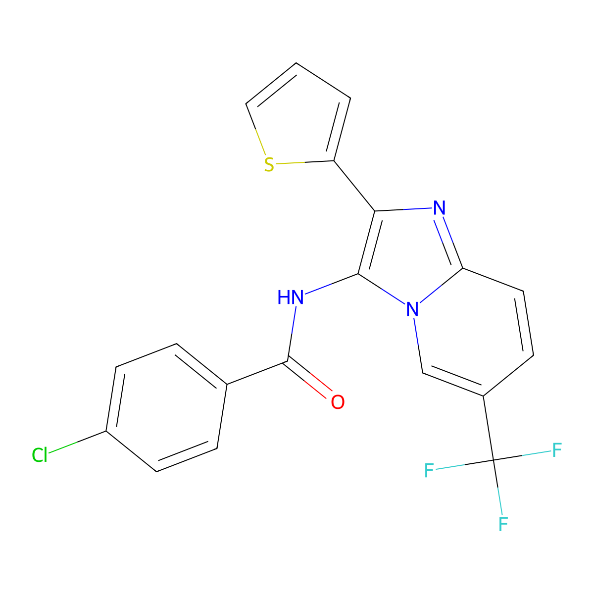 4-chloro-N-[2-(thiophen-2-yl)-6-(trifluoromethyl)imidazo[1,2-a]pyridin-3-yl]benzamide molecular structure, CAS 1072089-45-2