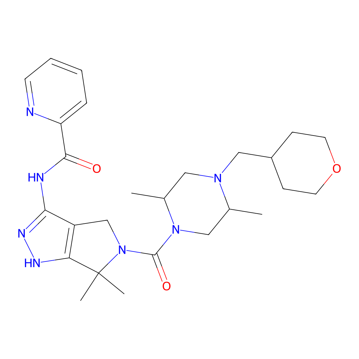2-Pyridinecarboxamide, N-(5-(((2S,5R)-2,5-dimethyl-4-((tetrahydro-2H-pyran-4-yl)methyl)-1-piperazinyl)carbonyl)-1,4,5,6-tetrahydro-6,6-dimethylpyrrolo(3,4-c)pyrazol-3-yl)- molecular structure, CAS 1072100-81-2