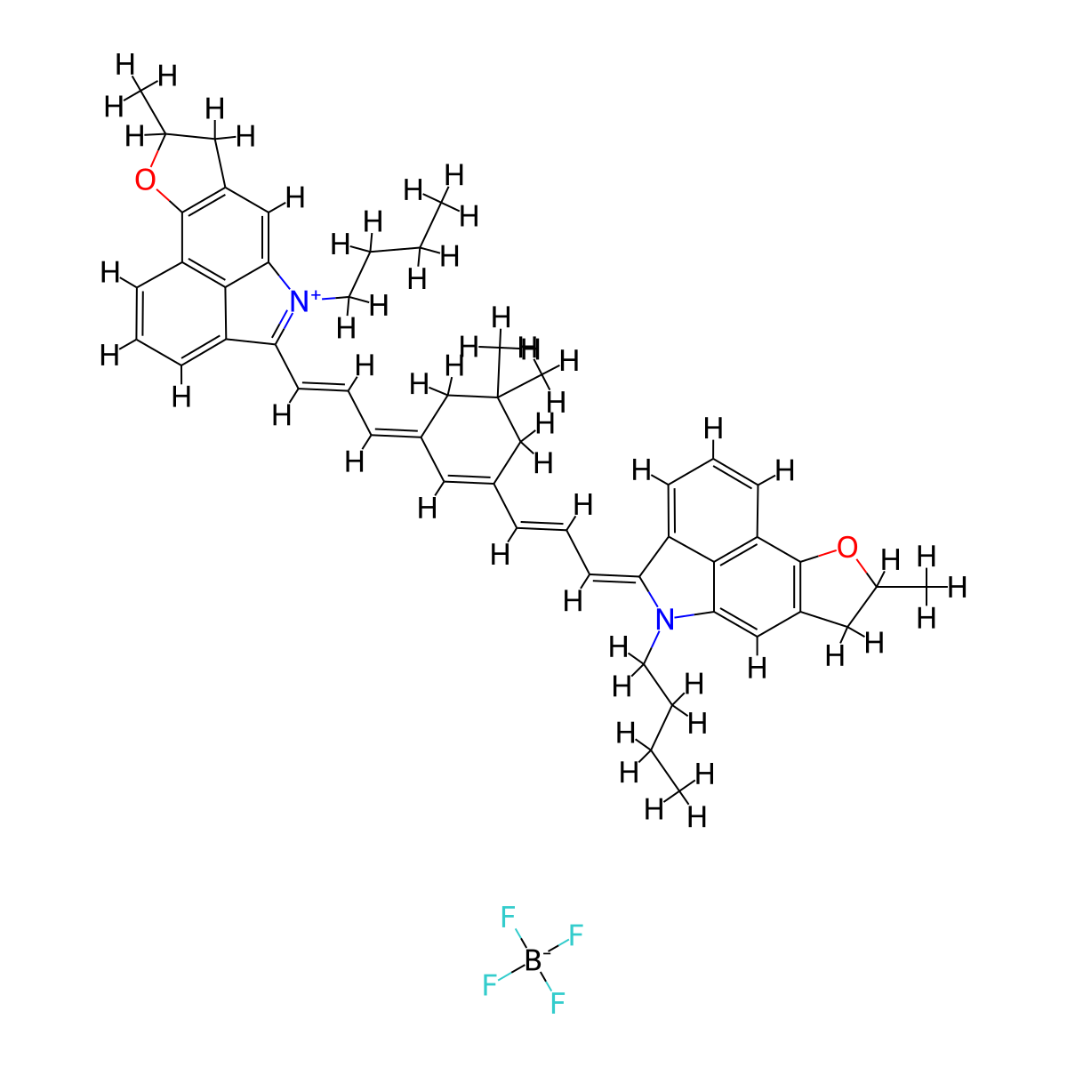 9-Butyl-10-[(E,3E)-3-[3-[(E,3E)-3-(9-butyl-4-methyl-3-oxa-9-azatetracyclo[6.6.1.02,6.011,15]pentadeca-1(14),2(6),7,11(15),12-pentaen-10-ylidene)prop-1-enyl]-5,5-dimethylcyclohex-2-en-1-ylidene]prop-1-enyl]-4-methyl-3-oxa-9-azoniatetracyclo[6.6.1.02,6.011,15]pentadeca-1,6,8(15),9,11,13-hexaene;tetrafluoroborate molecular structure, CAS 1072415-56-5