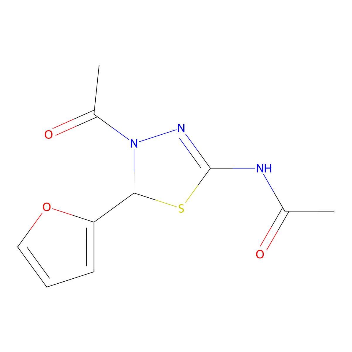 N-(3-acetyl-2-(2-furyl)-1,3,4-thiadiazolin-5-yl)acetamide molecular structure, CAS 107261-67-6