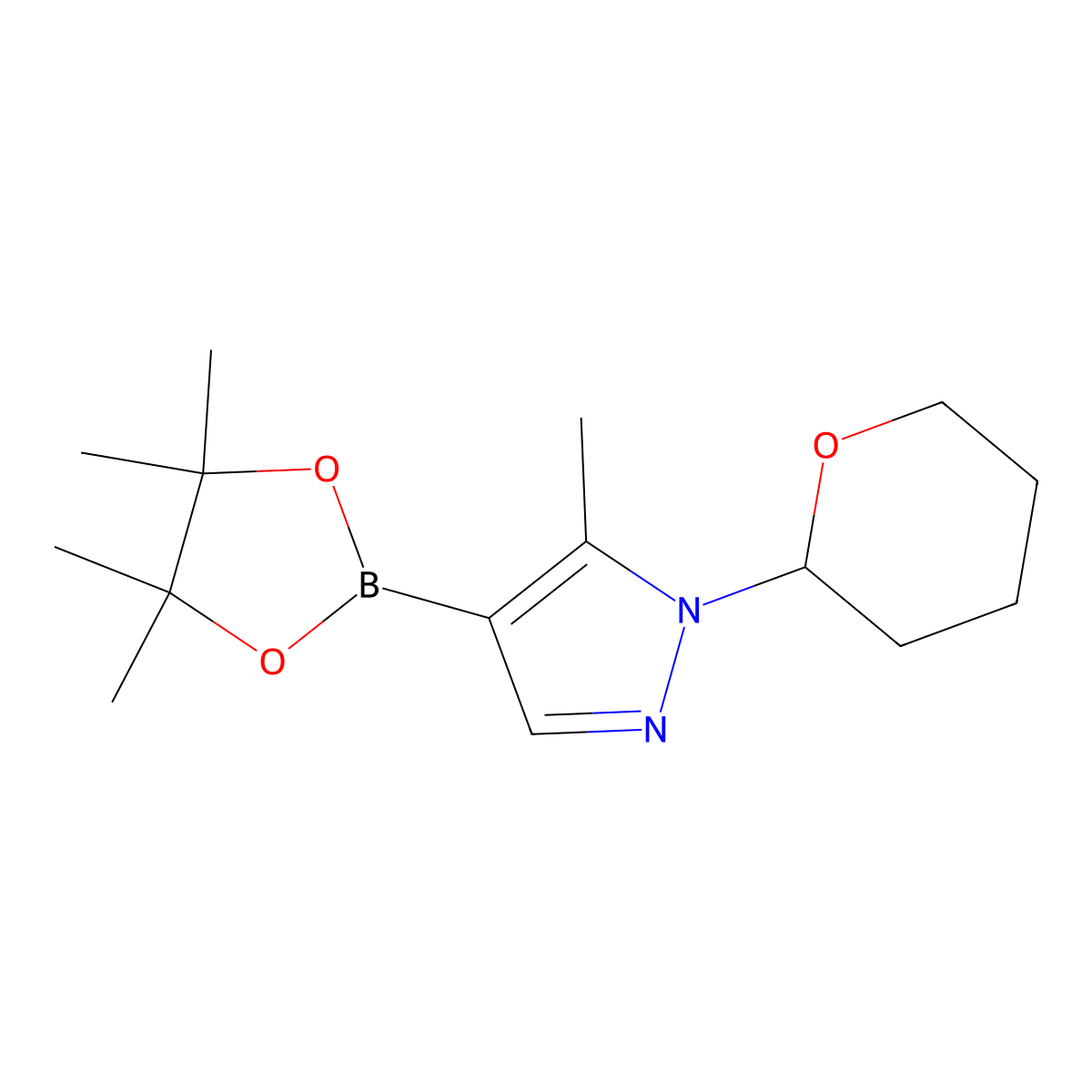 5-methyl-1-(tetrahydro-2H-pyran-2-yl)-4-(4,4,5,5-tetramethyl-1,3,2-dioxaborolan-2-yl)-1H-pyrazole molecular structure, CAS 1072709-32-0