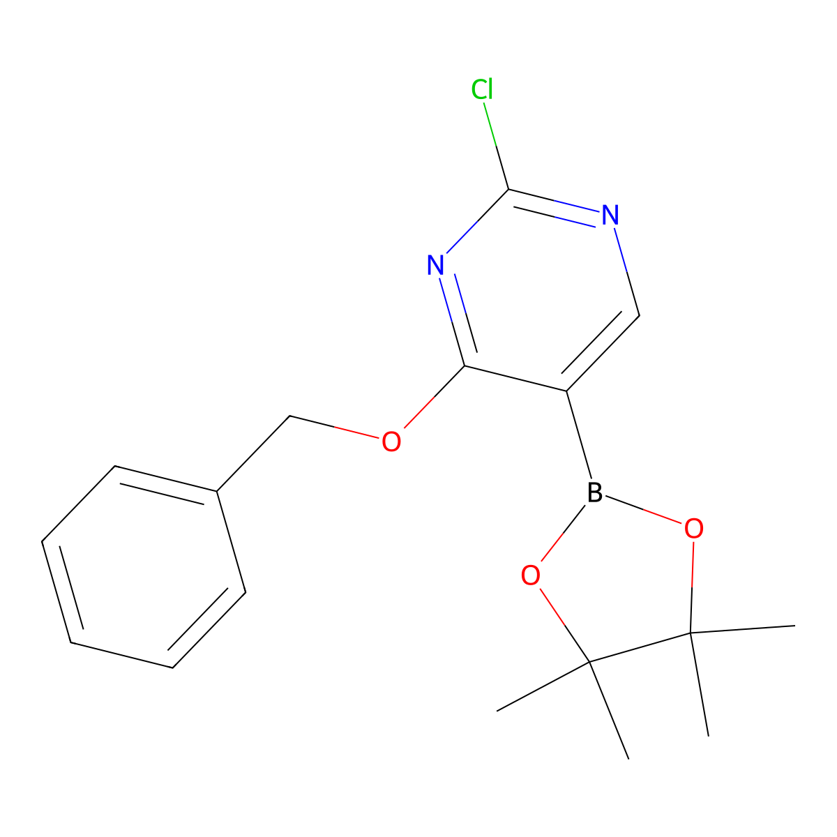 4-(Benzyloxy)-2-chloro-5-(4,4,5,5-tetramethyl-1,3,2-dioxaborolan-2-yl)pyrimidine molecular structure, CAS 1073354-22-9