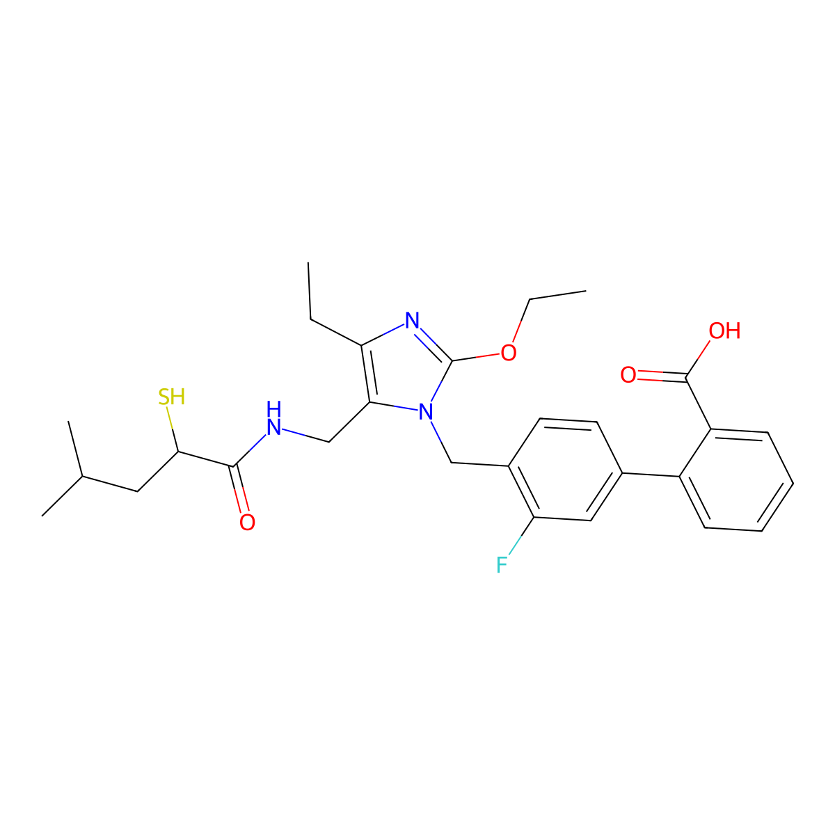 4'-{2-Ethoxy-4-ethyl-5-[((S)-2-mercapto-4-methylpentanoylamino)methyl]imidazol-1-ylmethyl}-3'-fluorobiphenyl-2-carboxylic Acid molecular structure, CAS 1073549-10-6