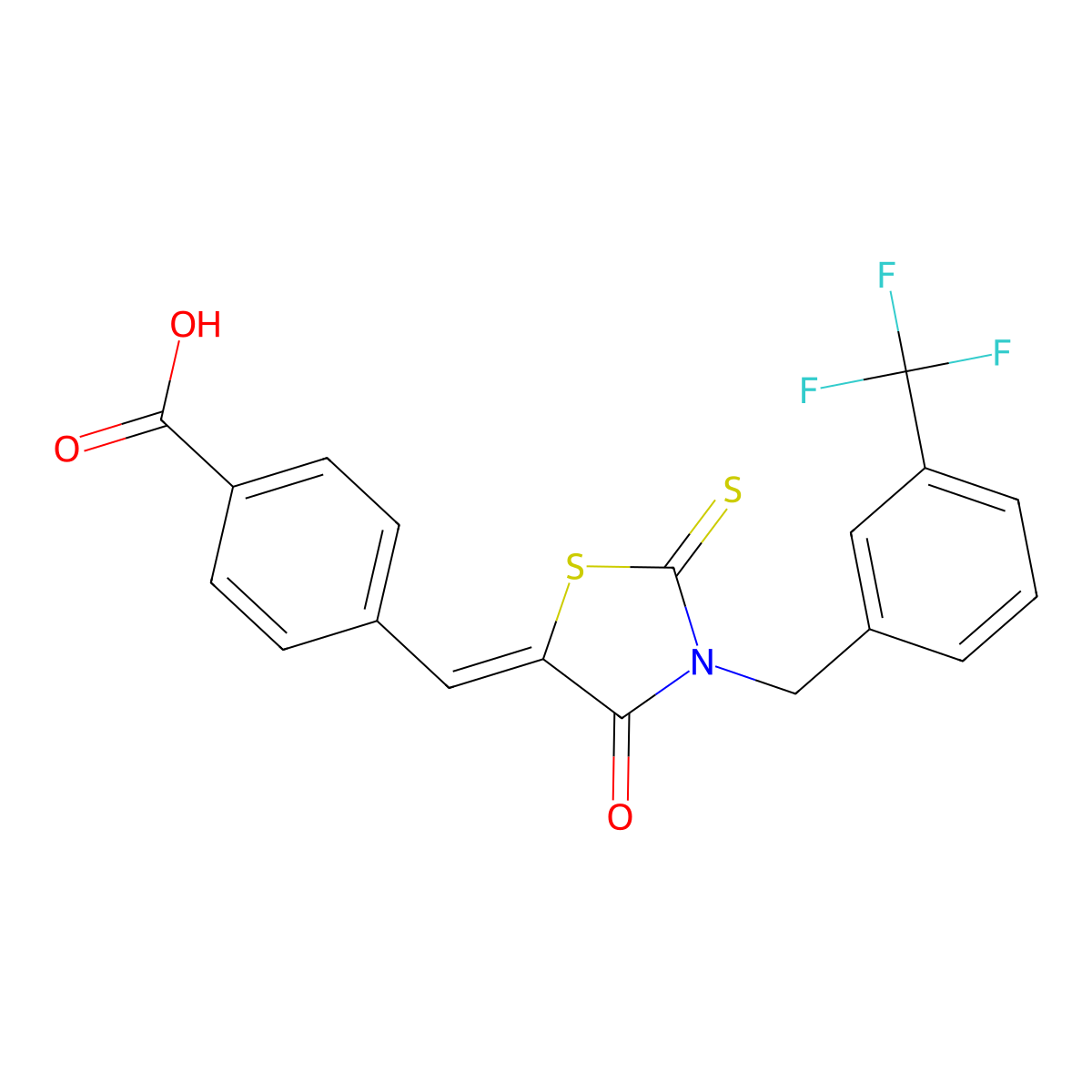 (E)-4-((4-Oxo-2-thioxo-3-(3-(trifluoromethyl)benzyl)thiazolidin-5-ylidene)methyl)benzoic acid molecular structure, CAS 1073612-91-5
