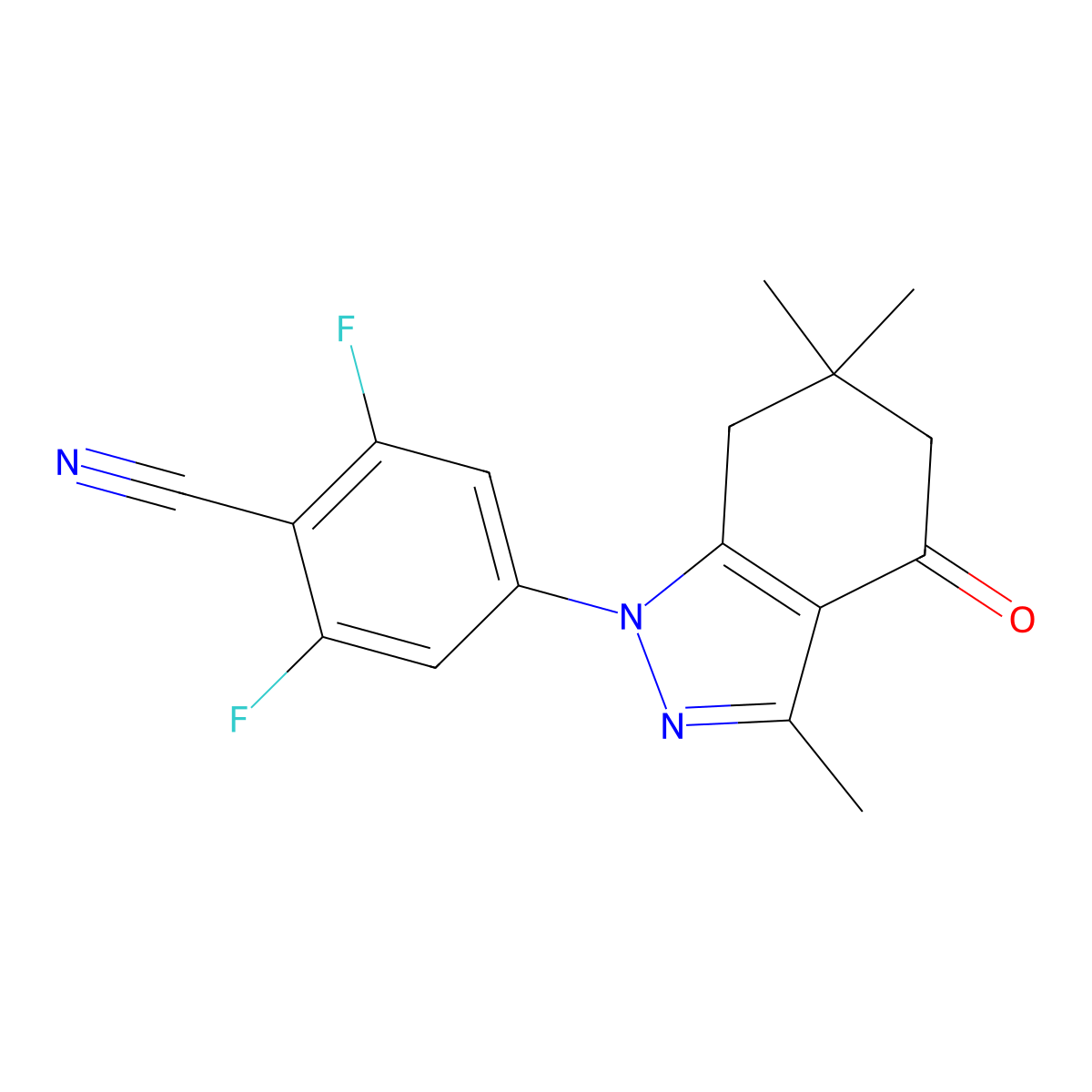 2,6-Difluoro-4-(3,6,6-trimethyl-4-oxo-4,5,6,7-tetrahydroindazol-1-yl)benzene-1-carbonitrile molecular structure, CAS 1073973-05-3