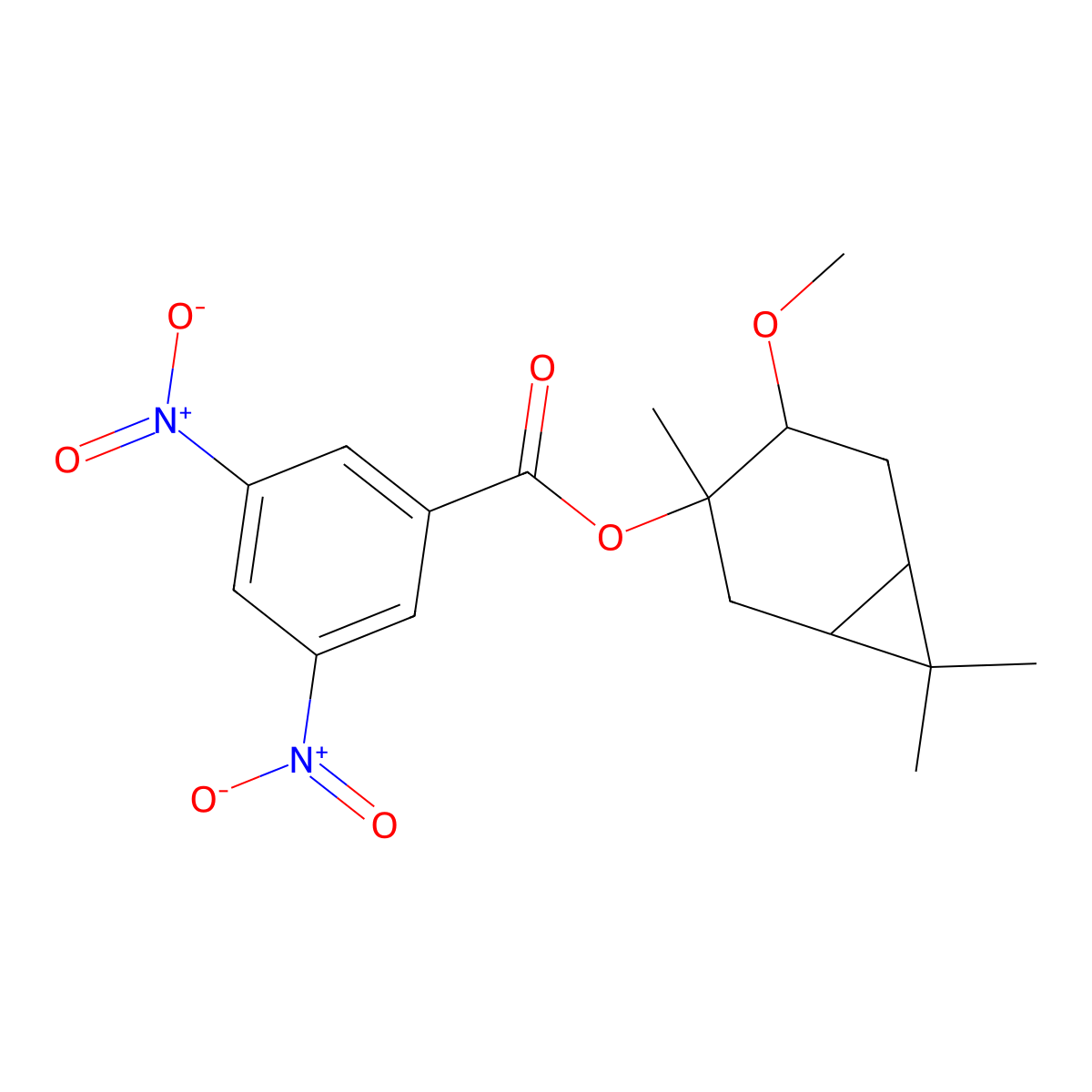 Bicyclo[4.1.0]heptan-3-ol, 4-methoxy-3,7,7-trimethyl-, 3-(3,5-dinitrobenzoate) molecular structure, CAS 107438-43-7