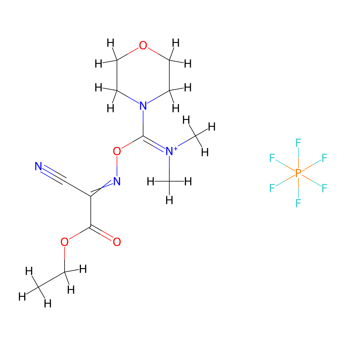 (1-Cyano-2-ethoxy-2-oxoethylidenaminooxy)dimethylamino-morpholino-carbenium hexafluorophosphate molecular structure, CAS 1075198-30-9