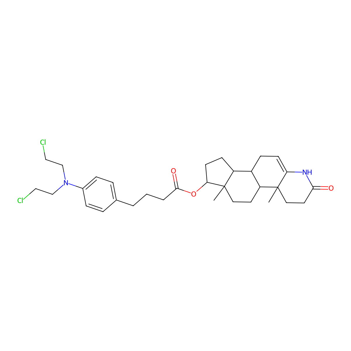 17-Hydroxy-4-aza-A-nor-5-androsten-3-one (4-N,N-bis(2-chloroethylamino)phenyl)butyrate molecular structure, CAS 107534-94-1