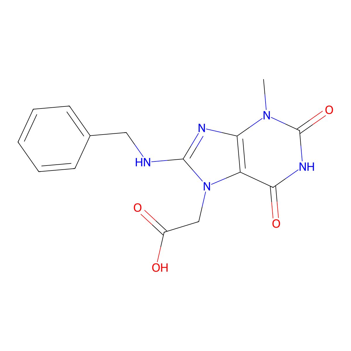 2-(8-(benzylamino)-3-methyl-2,6-dioxo-2,3-dihydro-1H-purin-7(6H)-yl)acetic acid molecular structure, CAS 107608-75-3