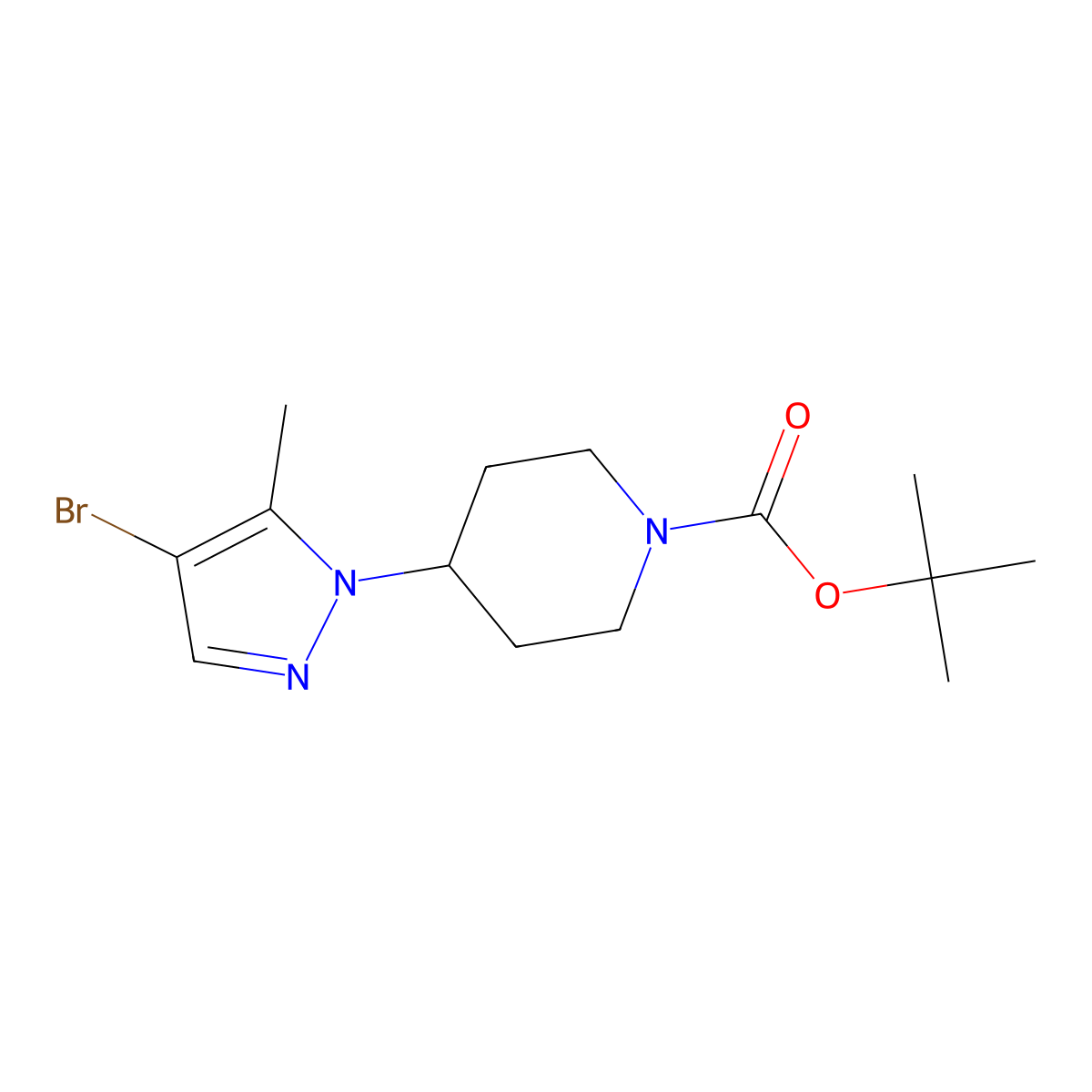 Tert-butyl 4-(4-bromo-5-methylpyrazol-1-yl)piperidine-1-carboxylate molecular structure, CAS 1076223-99-8