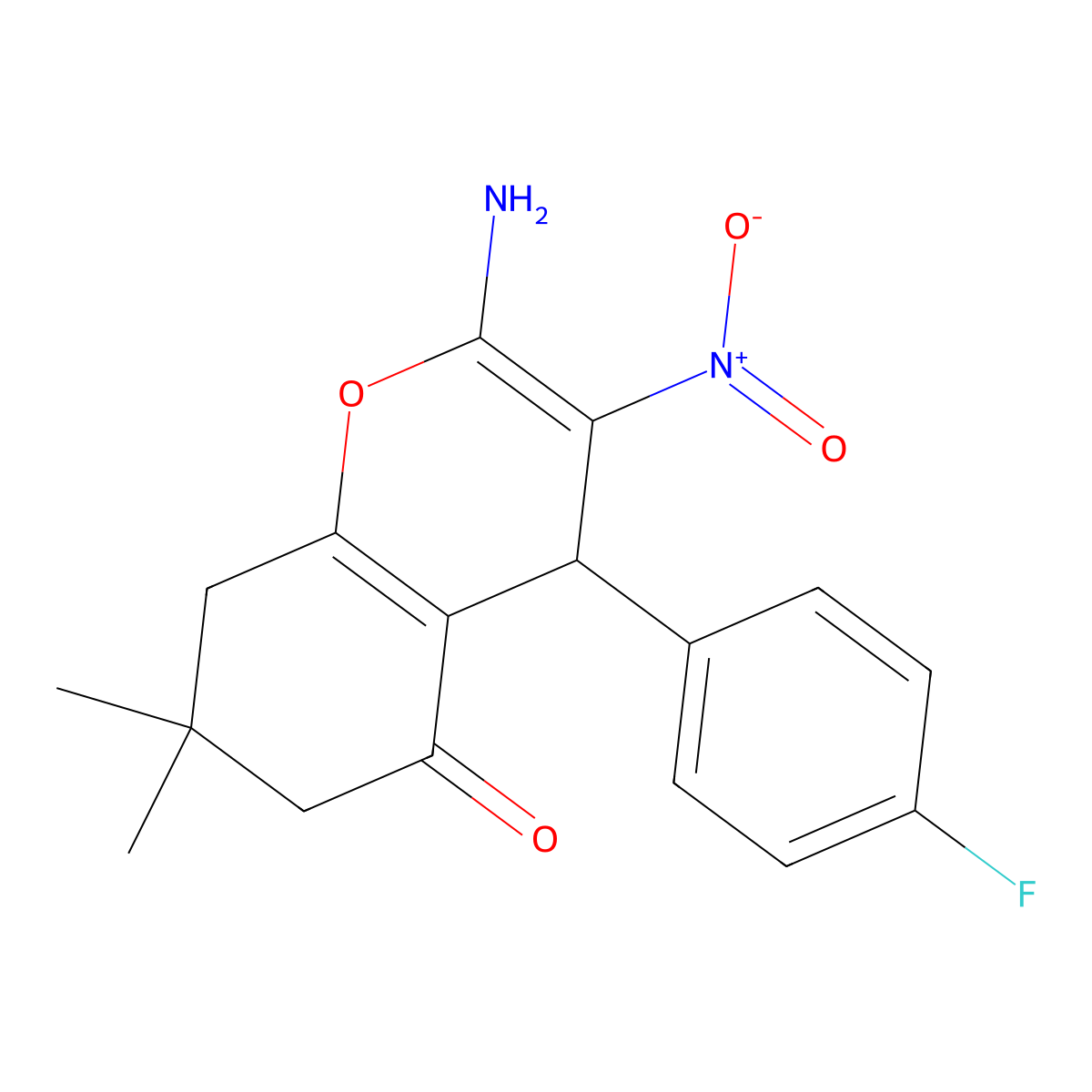 2-amino-4-(4-fluorophenyl)-7,7-dimethyl-3-nitro-6,8-dihydro-4H-chromen-5-one molecular structure, CAS 107693-23-2