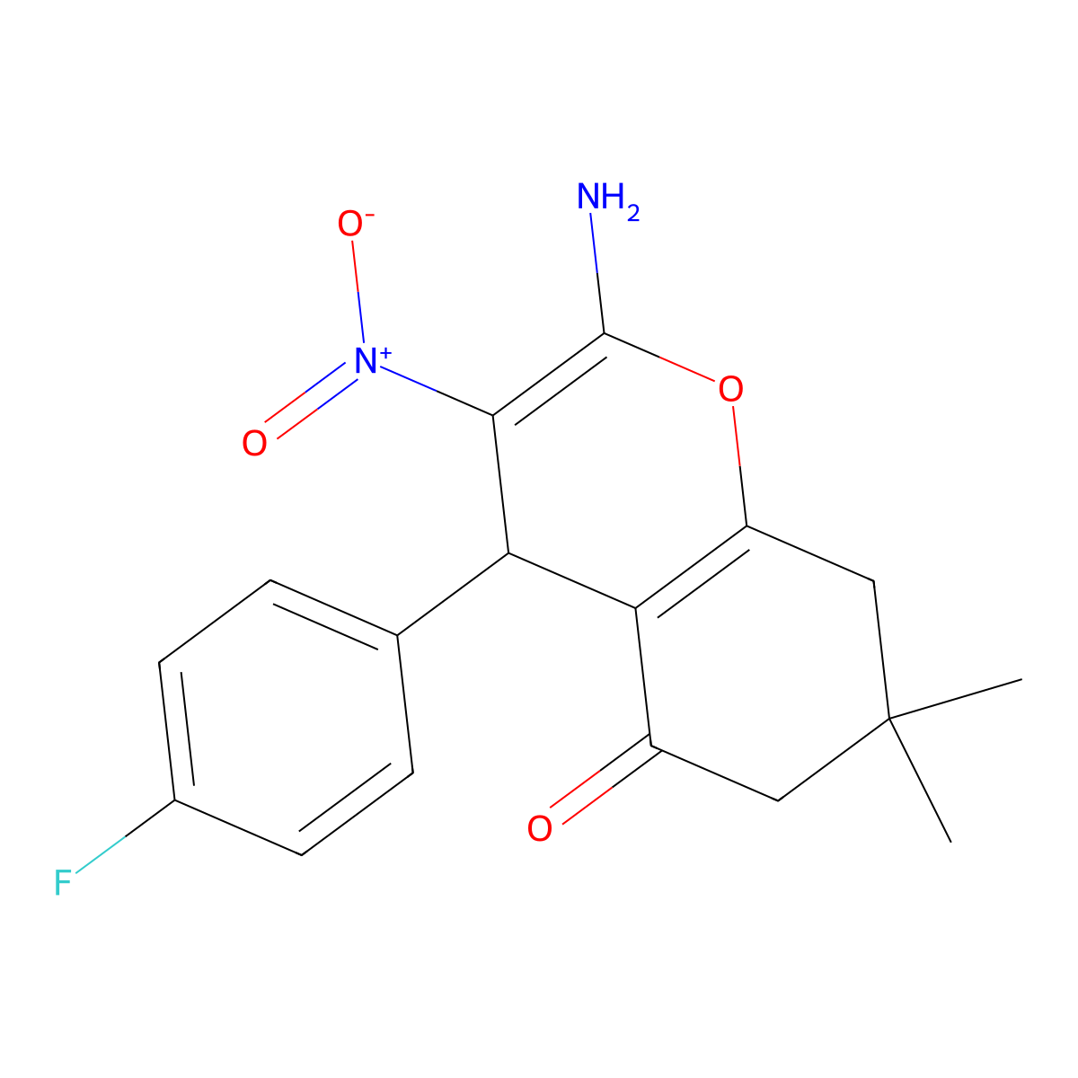 2-amino-4-(4-fluorophenyl)-7,7-dimethyl-3-nitro-6,8-dihydro-4H-chromen-5-one molecular structure, CAS 107693-23-2