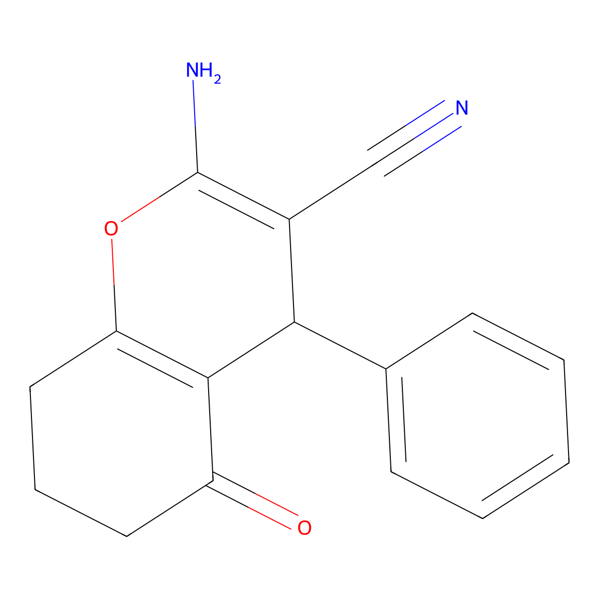 2-Amino-5-oxo-4-phenyl-5,6,7,8-tetrahydro-4H-chromene-3-carbonitrile molecular structure, CAS 107752-89-6