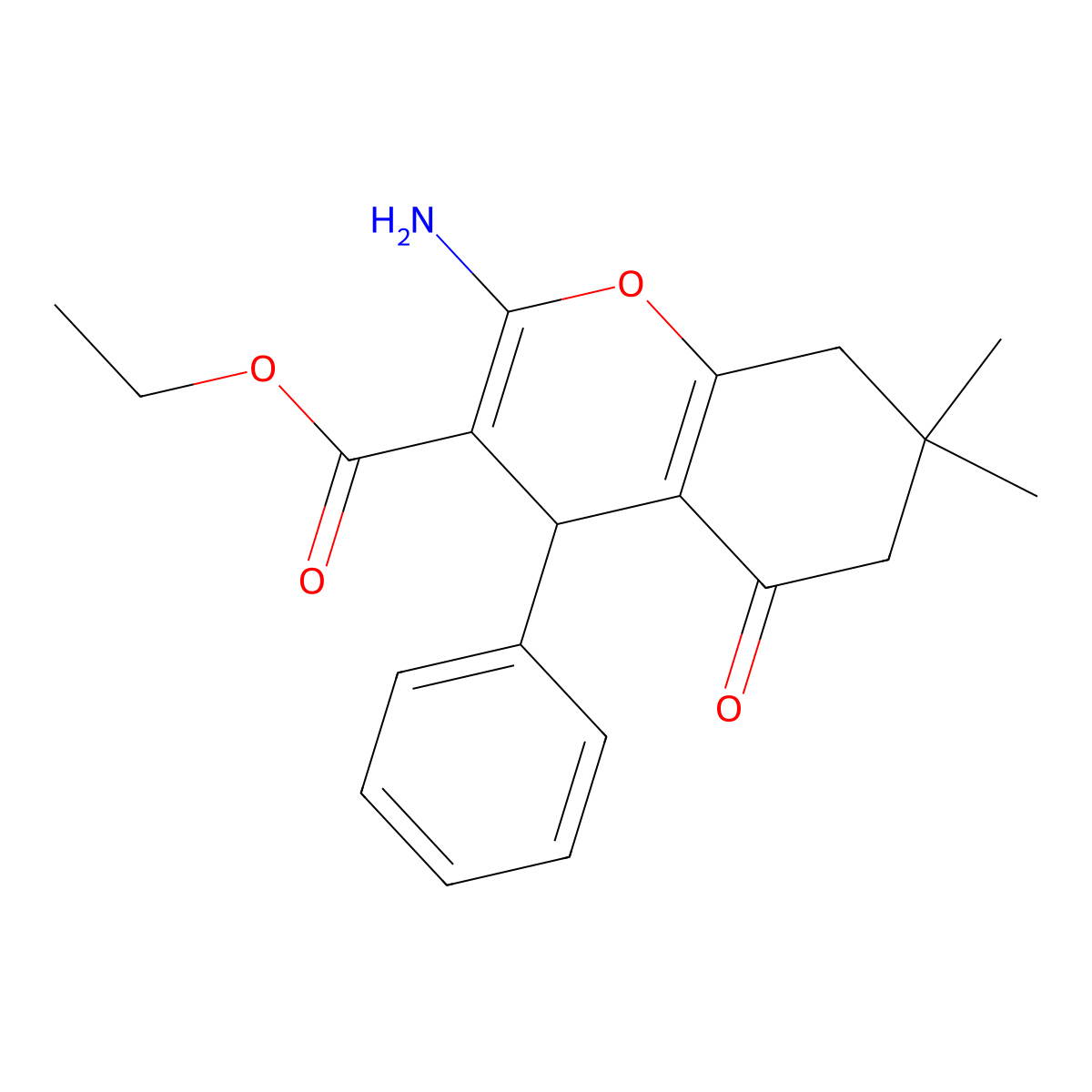 ethyl 2-amino-7,7-dimethyl-5-oxo-4-phenyl-5,6,7,8-tetrahydro-4H-chromene-3-carboxylate molecular structure, CAS 107752-93-2
