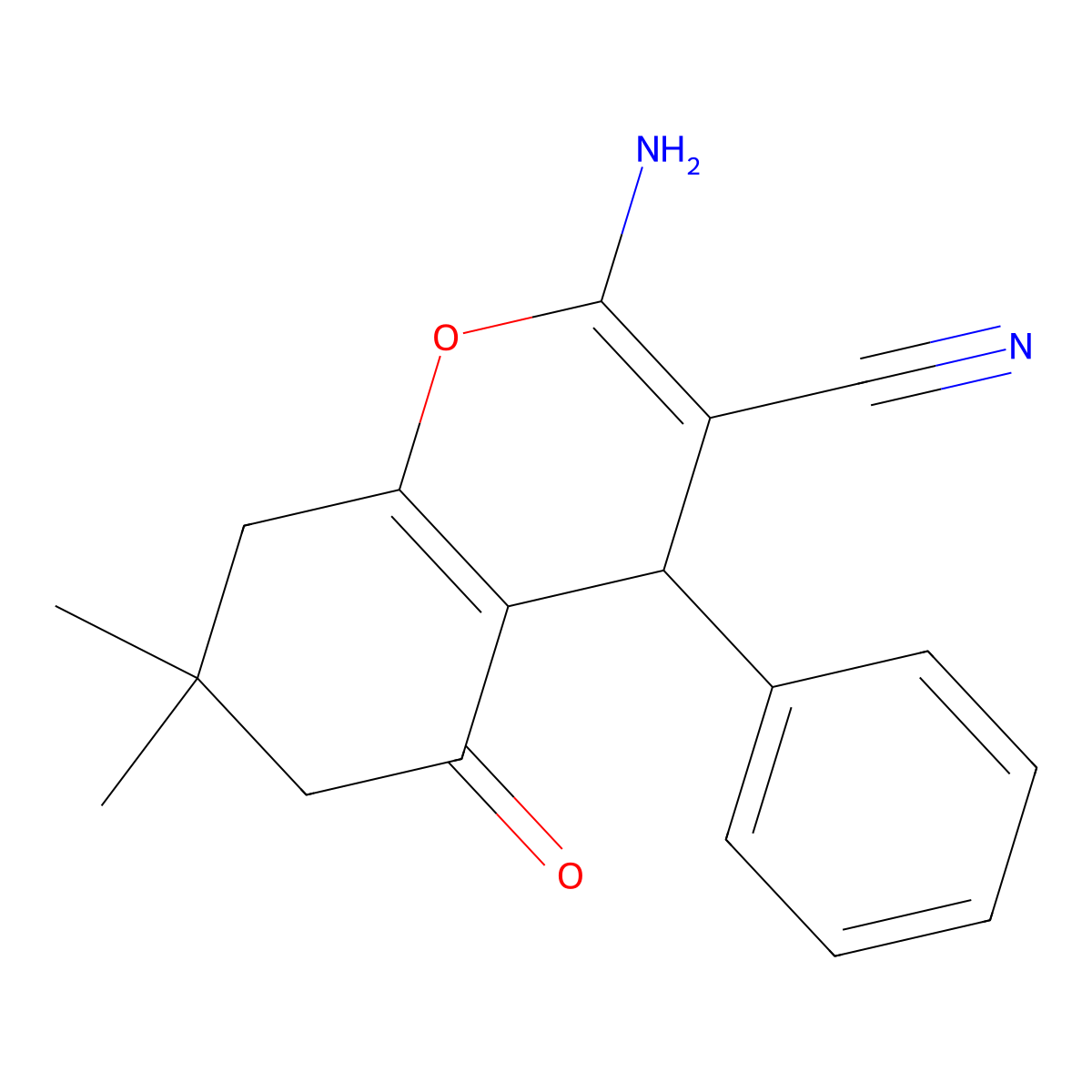 2-amino-7,7-dimethyl-5-oxo-4-phenyl-5,6,7,8-tetrahydro-4H-chromene-3-carbonitrile molecular structure, CAS 107752-97-6