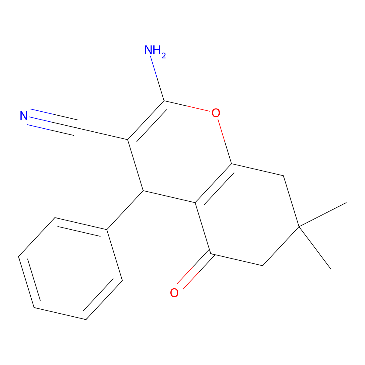 2-amino-7,7-dimethyl-5-oxo-4-phenyl-5,6,7,8-tetrahydro-4H-chromene-3-carbonitrile molecular structure, CAS 107752-97-6