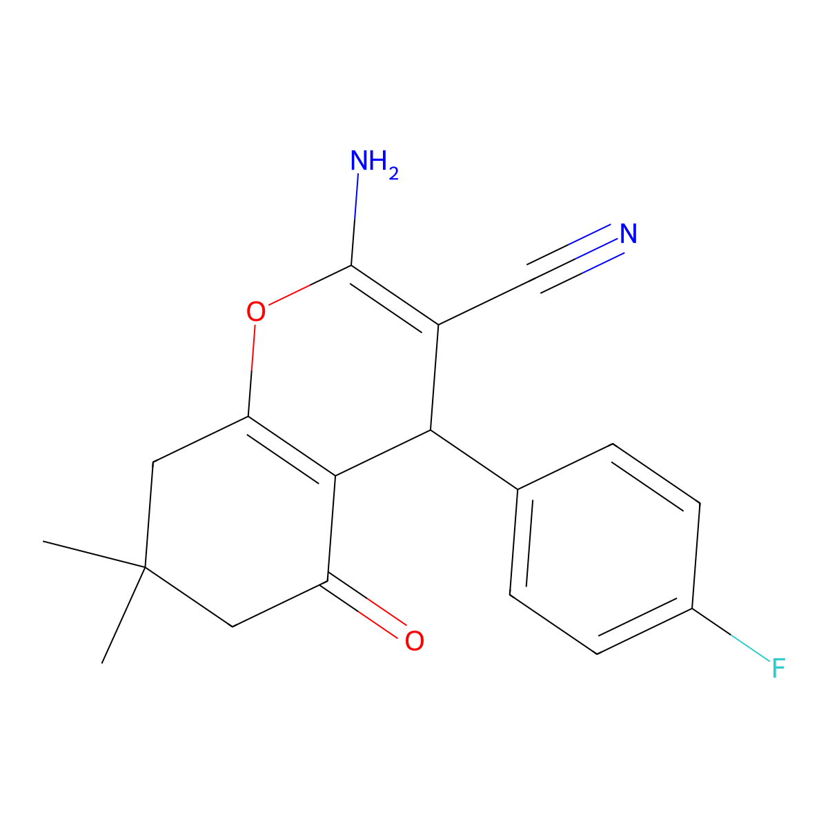 2-Amino-4-(4-fluorophenyl)-5,6,7,8-tetrahydro-7,7-dimethyl-5-oxo-4H-1-benzopyran-3-carbonitrile molecular structure, CAS 107752-99-8