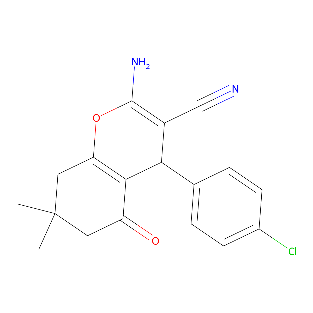 2-amino-4-(4-chlorophenyl)-7,7-dimethyl-5-oxo-5,6,7,8-tetrahydro-4H-chromene-3-carbonitrile molecular structure, CAS 107753-00-4