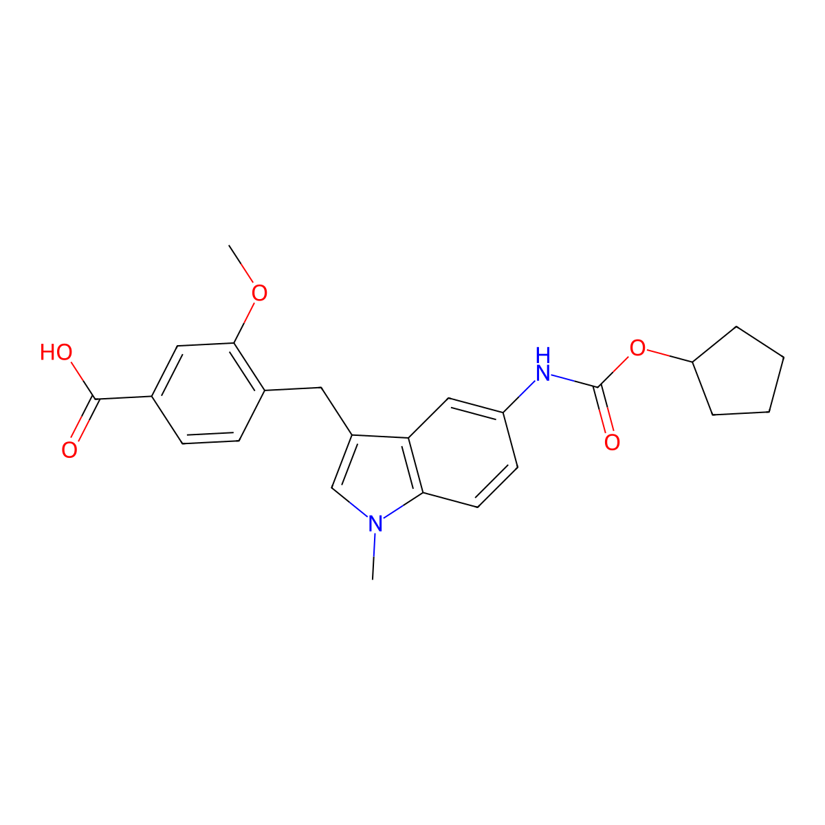 4-((5-(((Cyclopentyloxy)carbonyl)amino)-1-methyl-1H-indol-3-yl)methyl)-3-methoxybenzoic acid molecular structure, CAS 107754-20-1