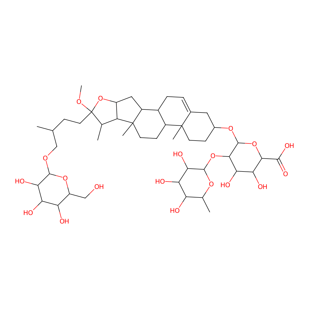 (3beta,22alpha)-26-(beta-glucopyranosyloxy)-22-methoxyfurost-5-en-3-yl 2-O-(6-deoxy-alpha-mannopyranosyl)-beta-glucopyranosiduronic acid molecular structure, CAS 107783-53-9