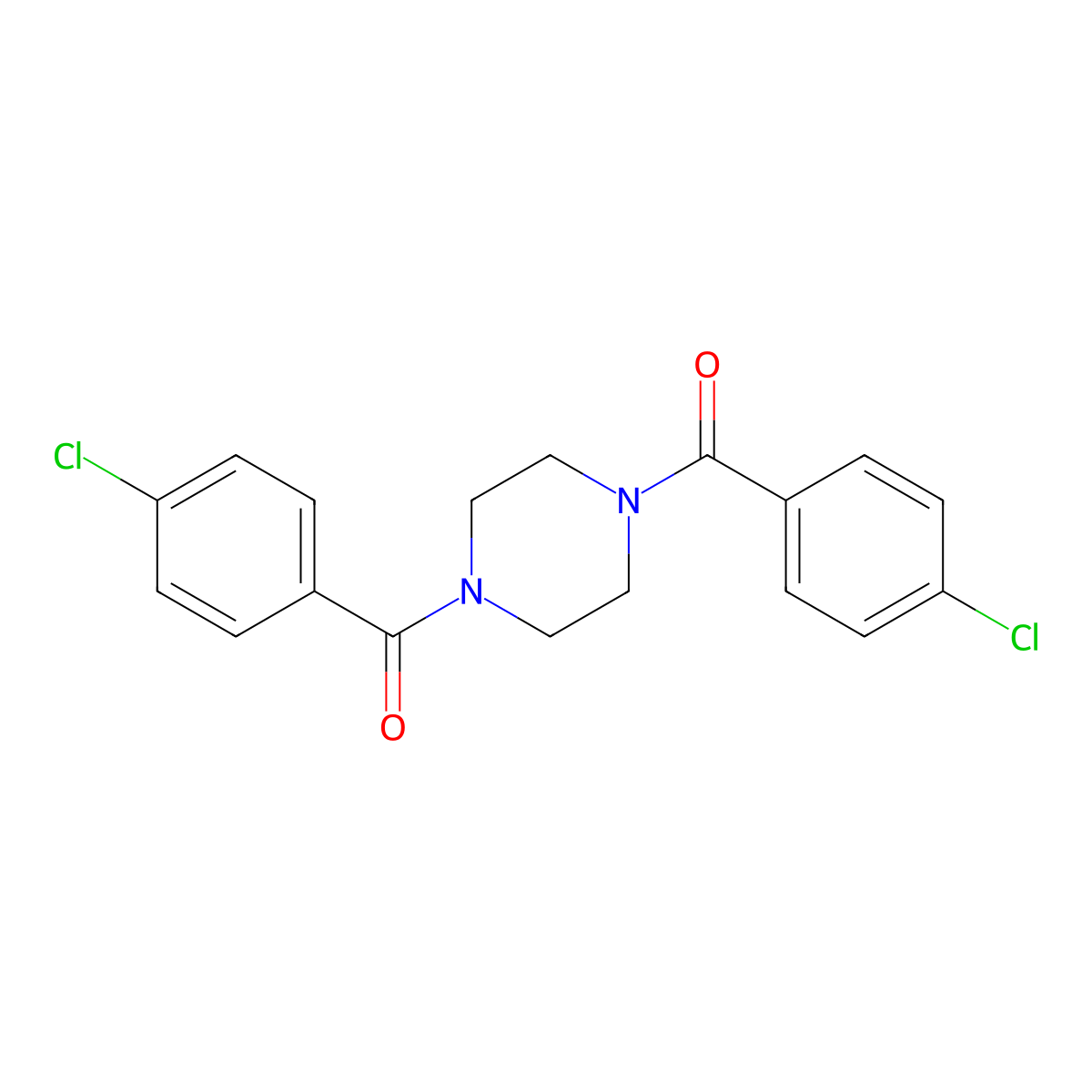 Piperazine-1,4-diylbis((4-chlorophenyl)methanone) molecular structure, CAS 107785-63-7